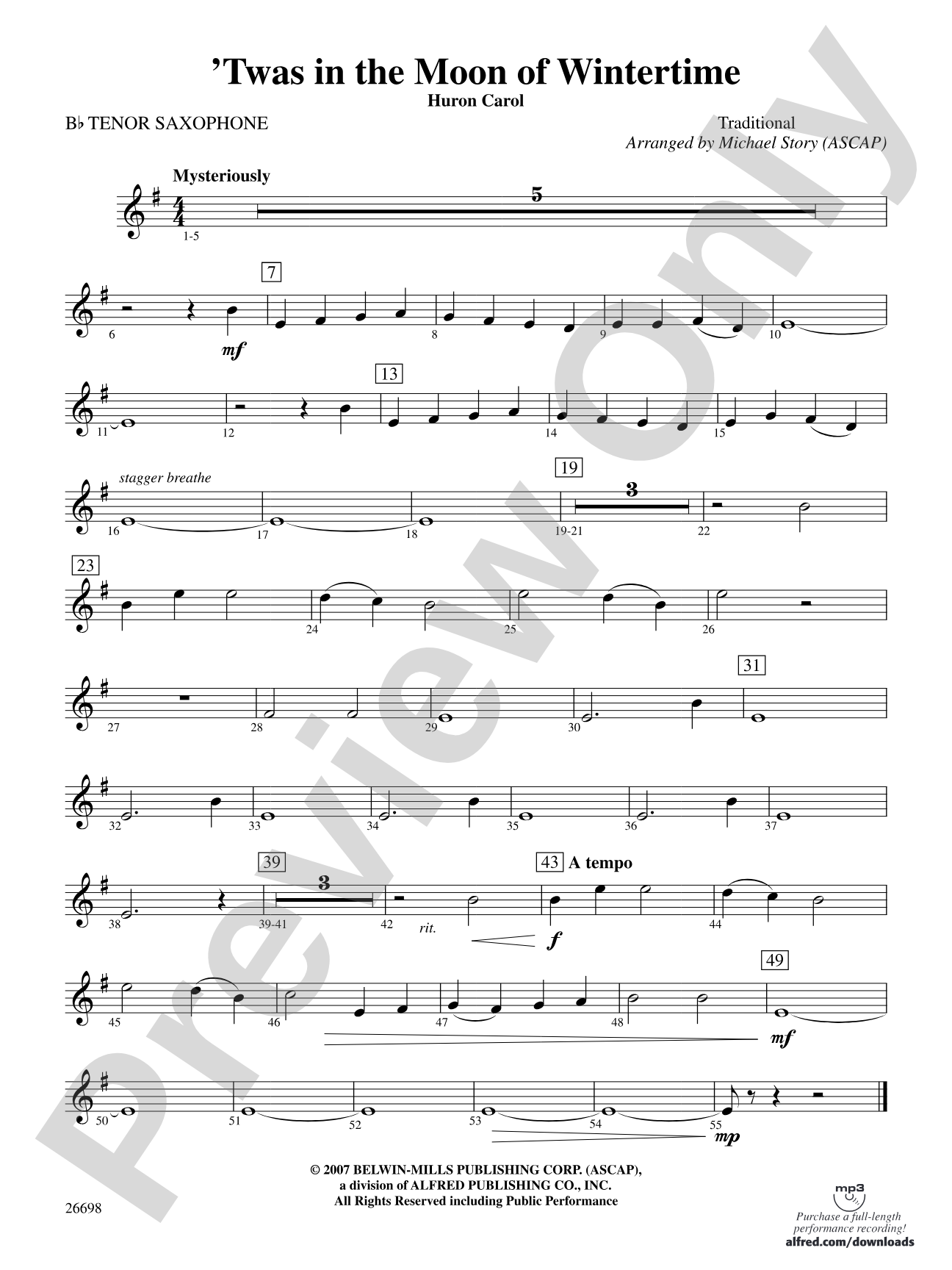 'Twas in the Moon of Wintertime: B-flat Tenor Saxophone