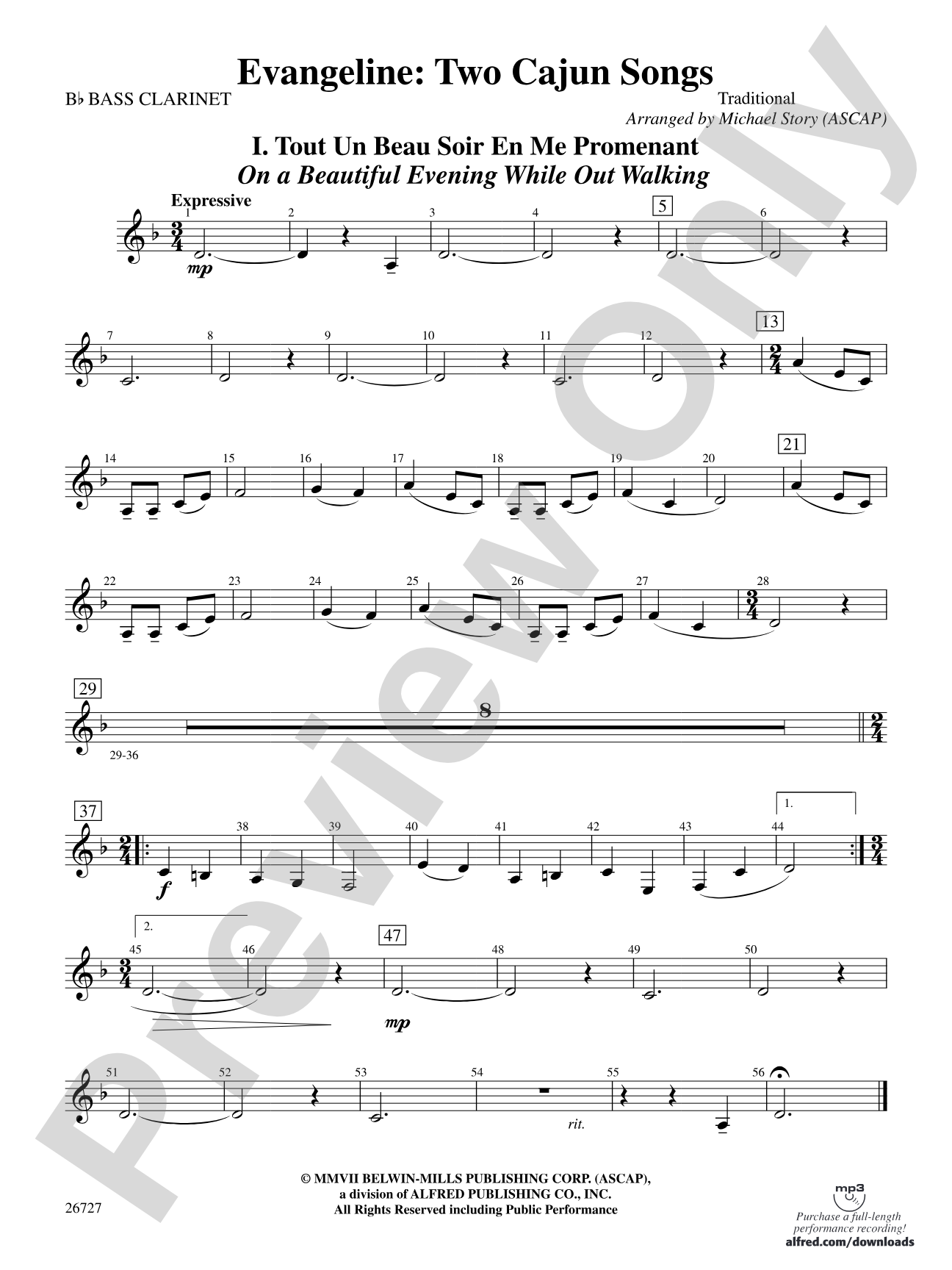 Evangeline: Two Cajun Songs: B-flat Bass Clarinet