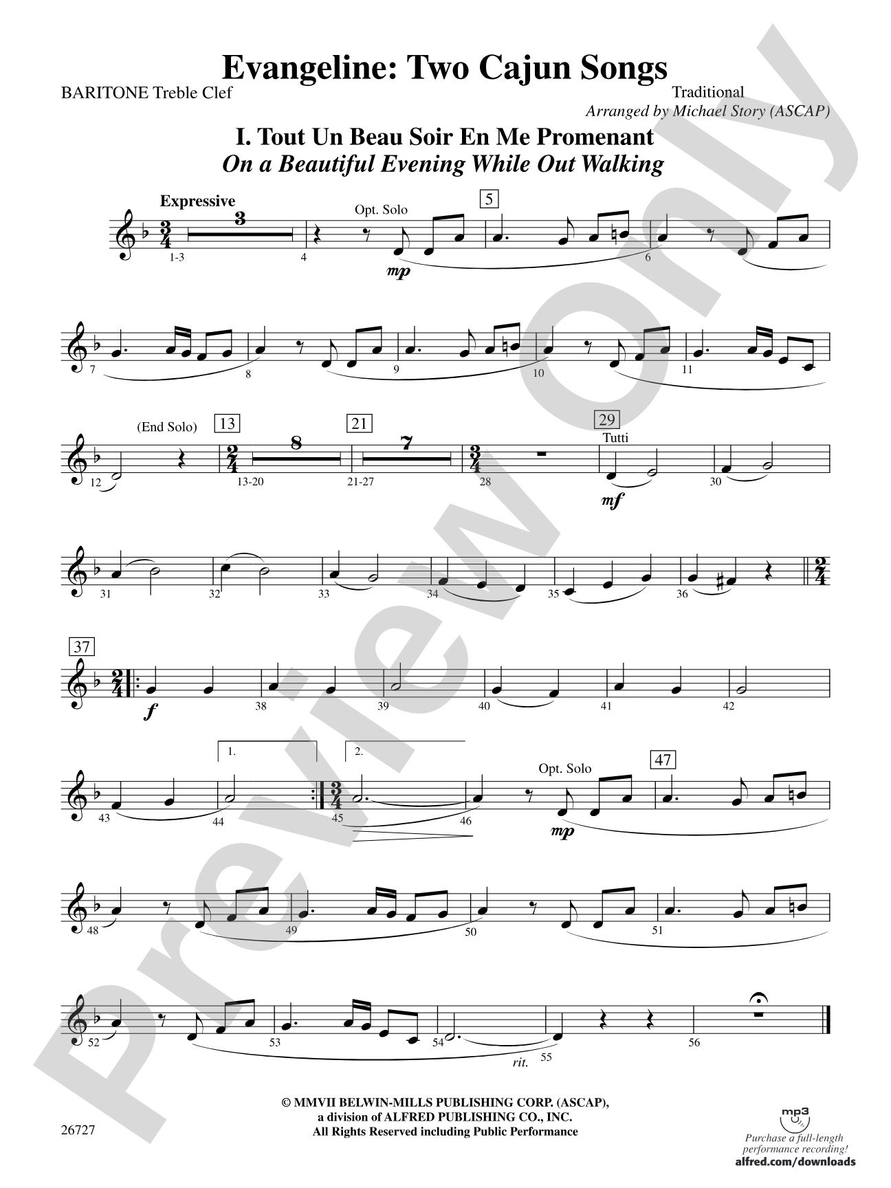 Evangeline: Two Cajun Songs: Baritone T.C.