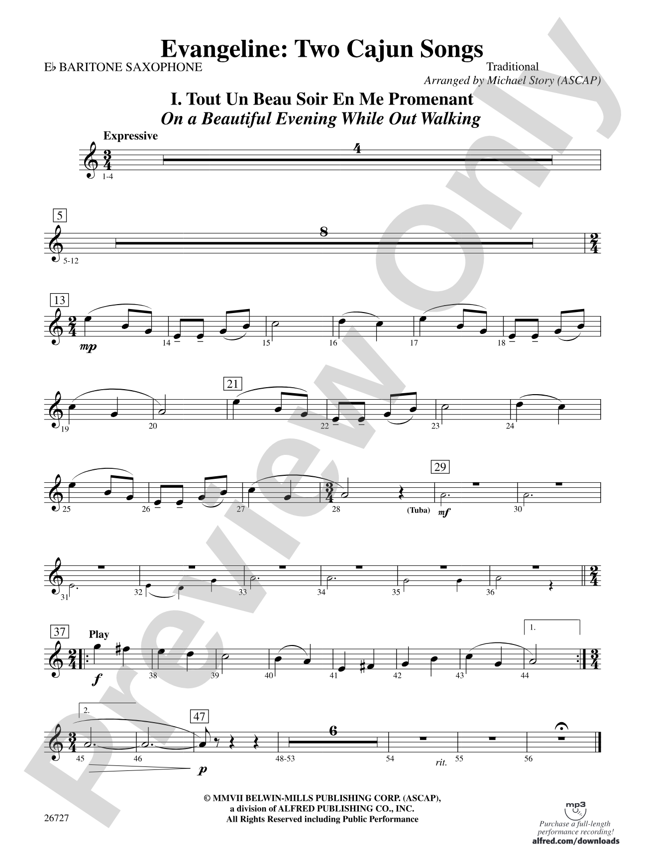 Evangeline: Two Cajun Songs: E-flat Baritone Saxophone