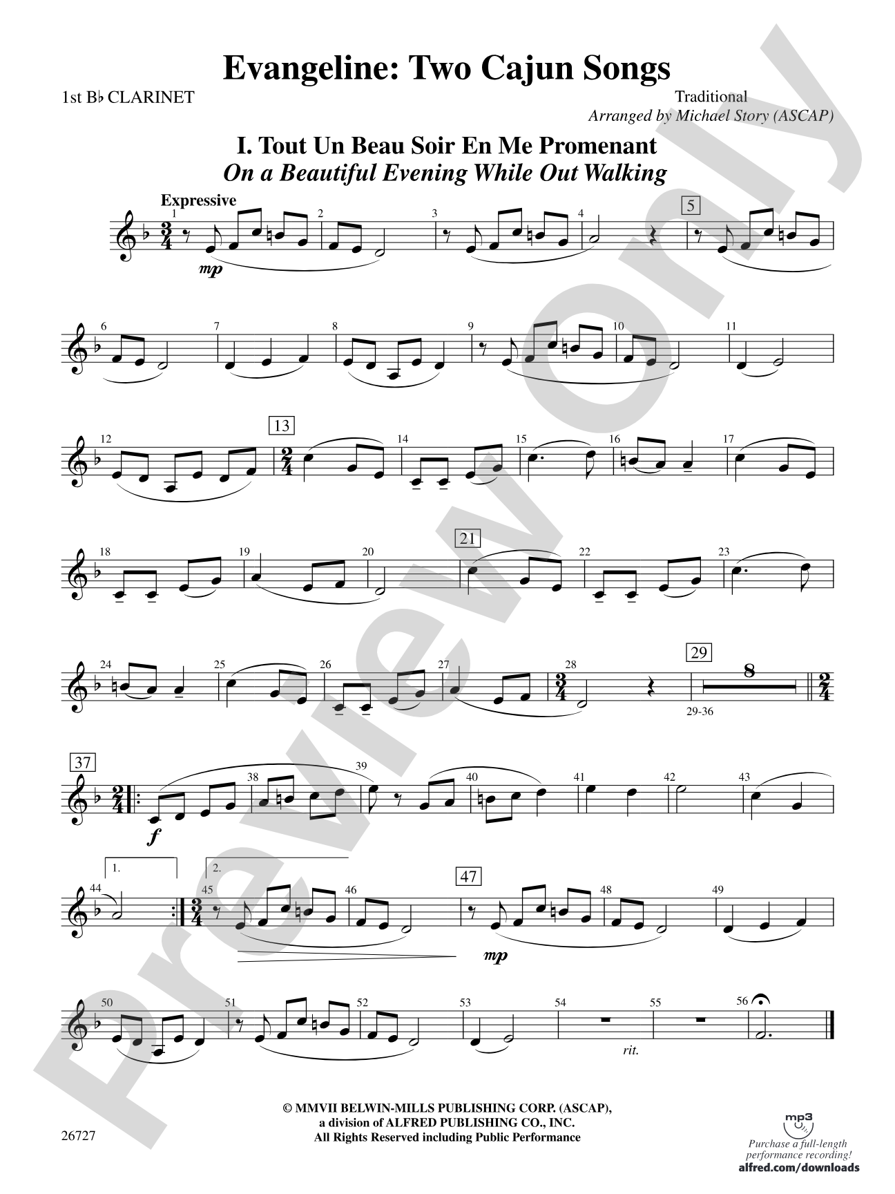 Evangeline: Two Cajun Songs: 1st B-flat Clarinet