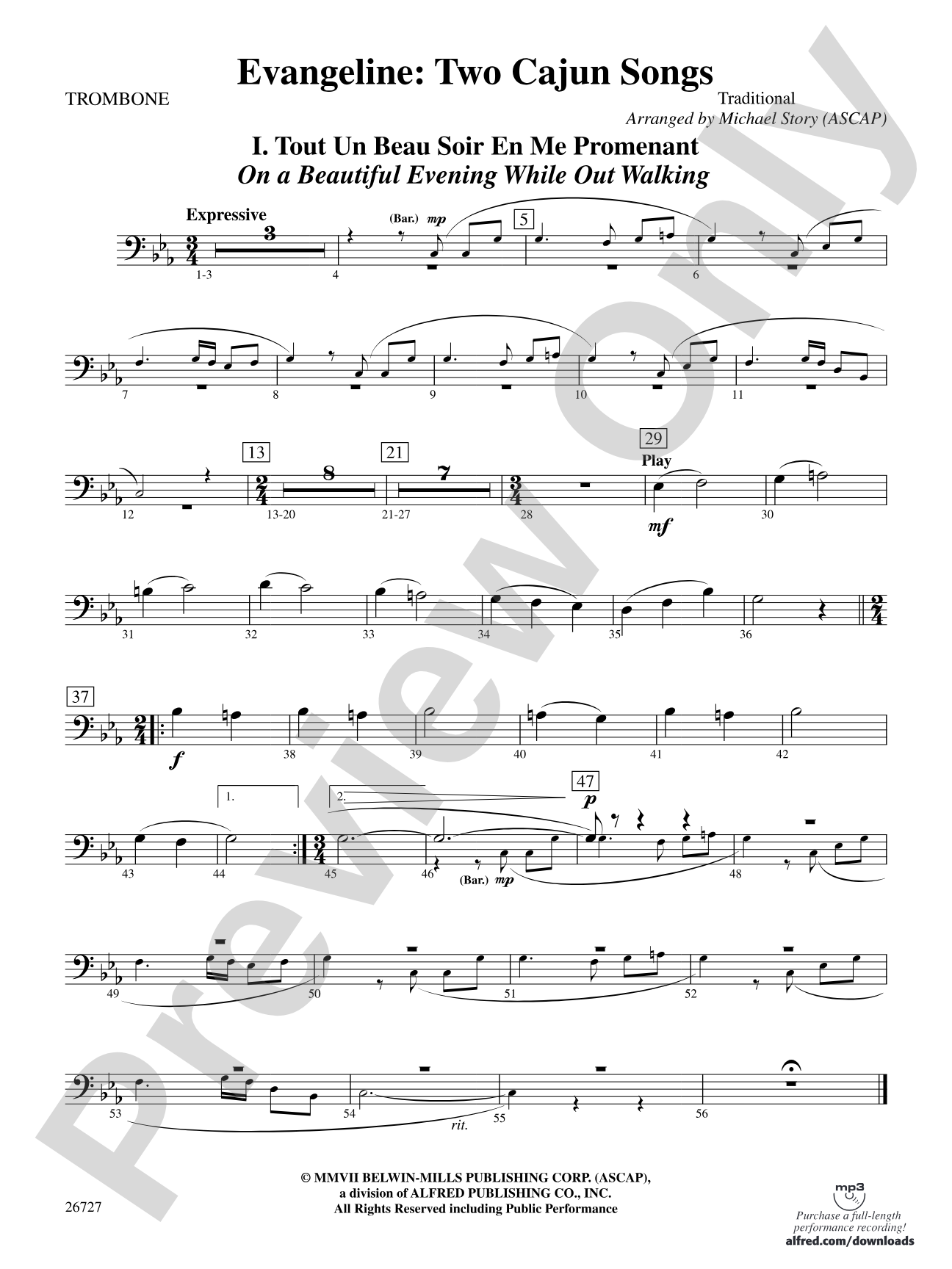 Evangeline: Two Cajun Songs: 1st Trombone