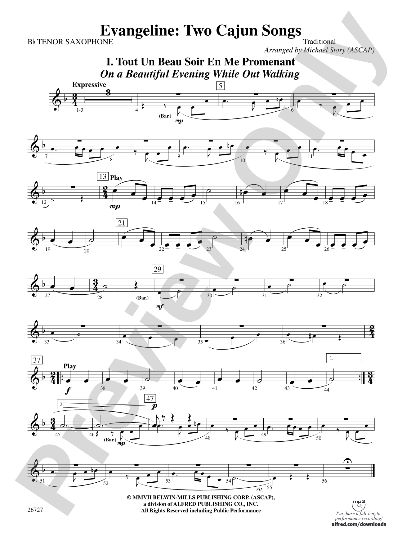Evangeline: Two Cajun Songs: B-flat Tenor Saxophone