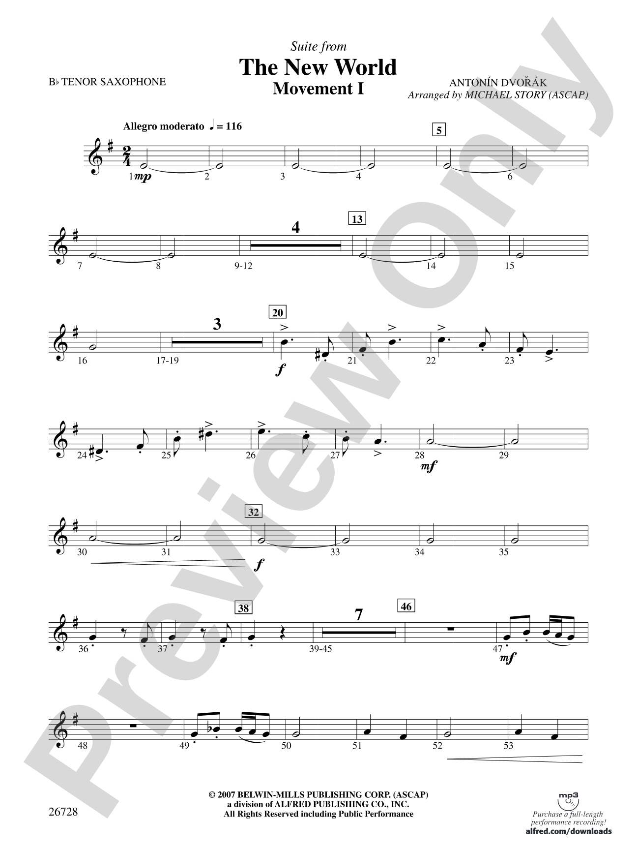 Suite from The New World: B-flat Tenor Saxophone