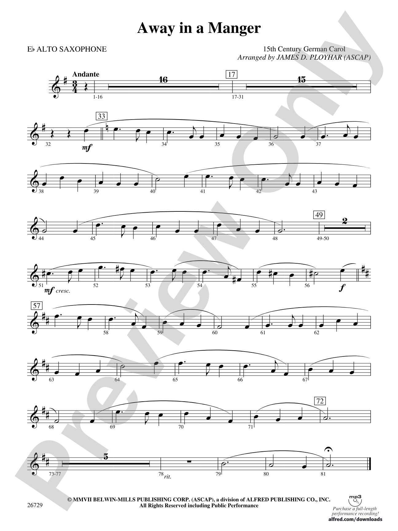 Away in a Manger: E-flat Alto Saxophone