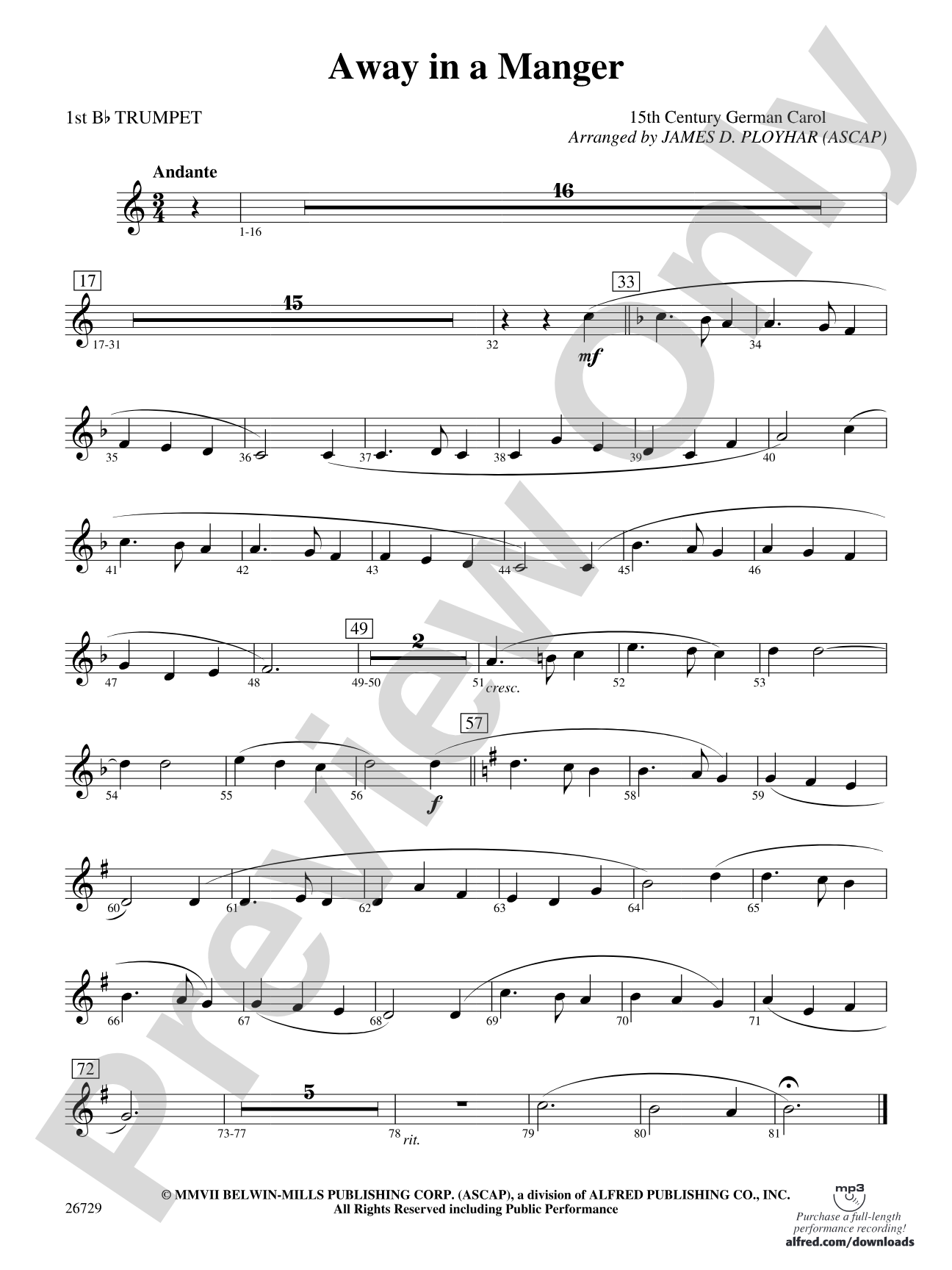 Away in a Manger: 1st B-flat Trumpet