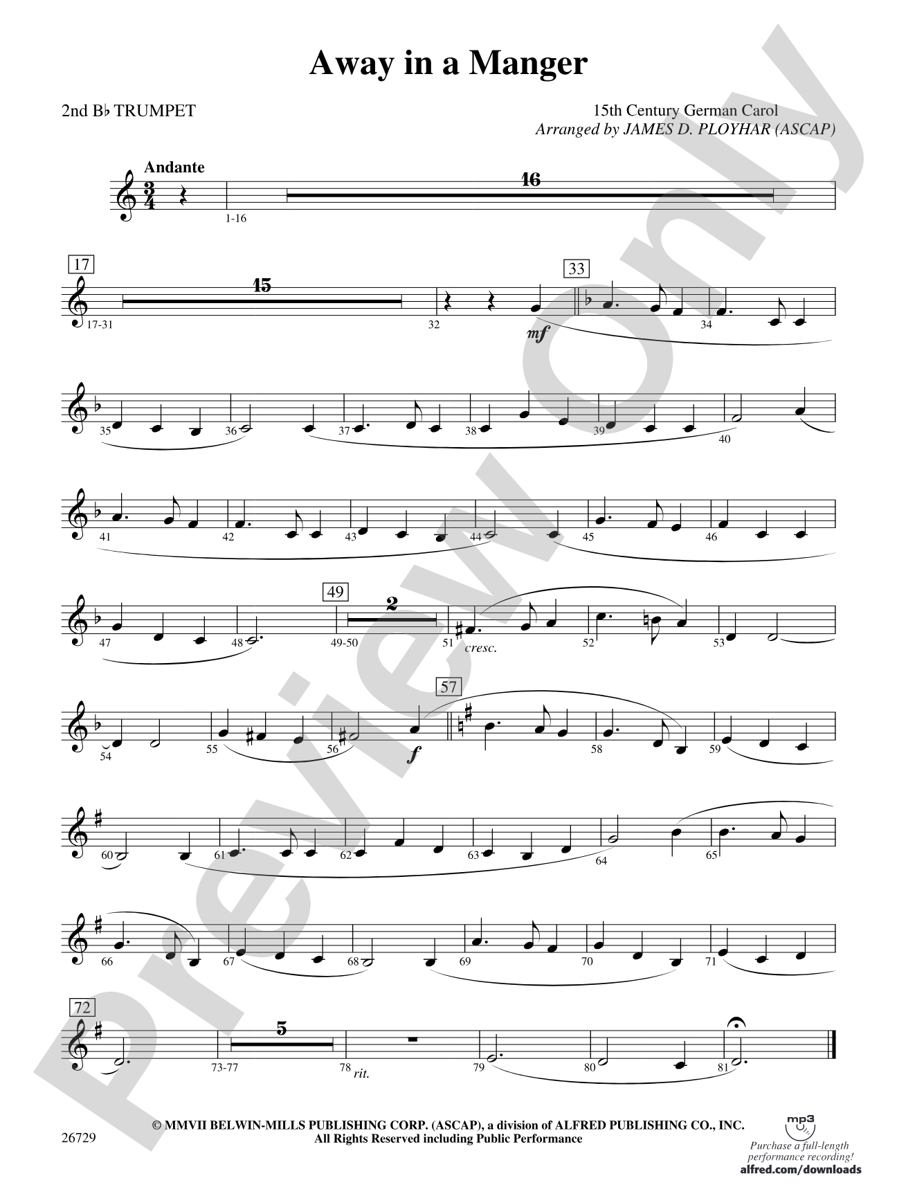 Away in a Manger: 2nd B-flat Trumpet