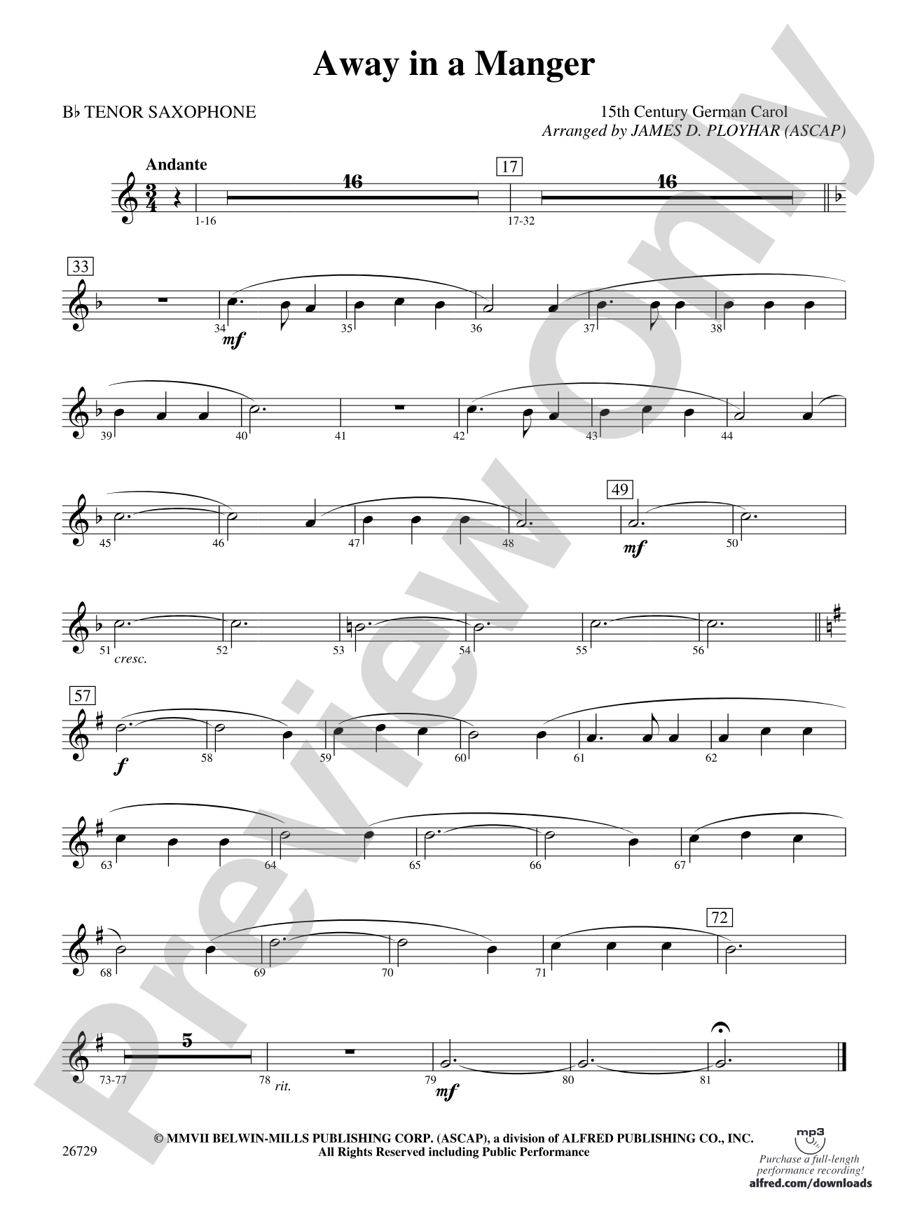 Away in a Manger: B-flat Tenor Saxophone