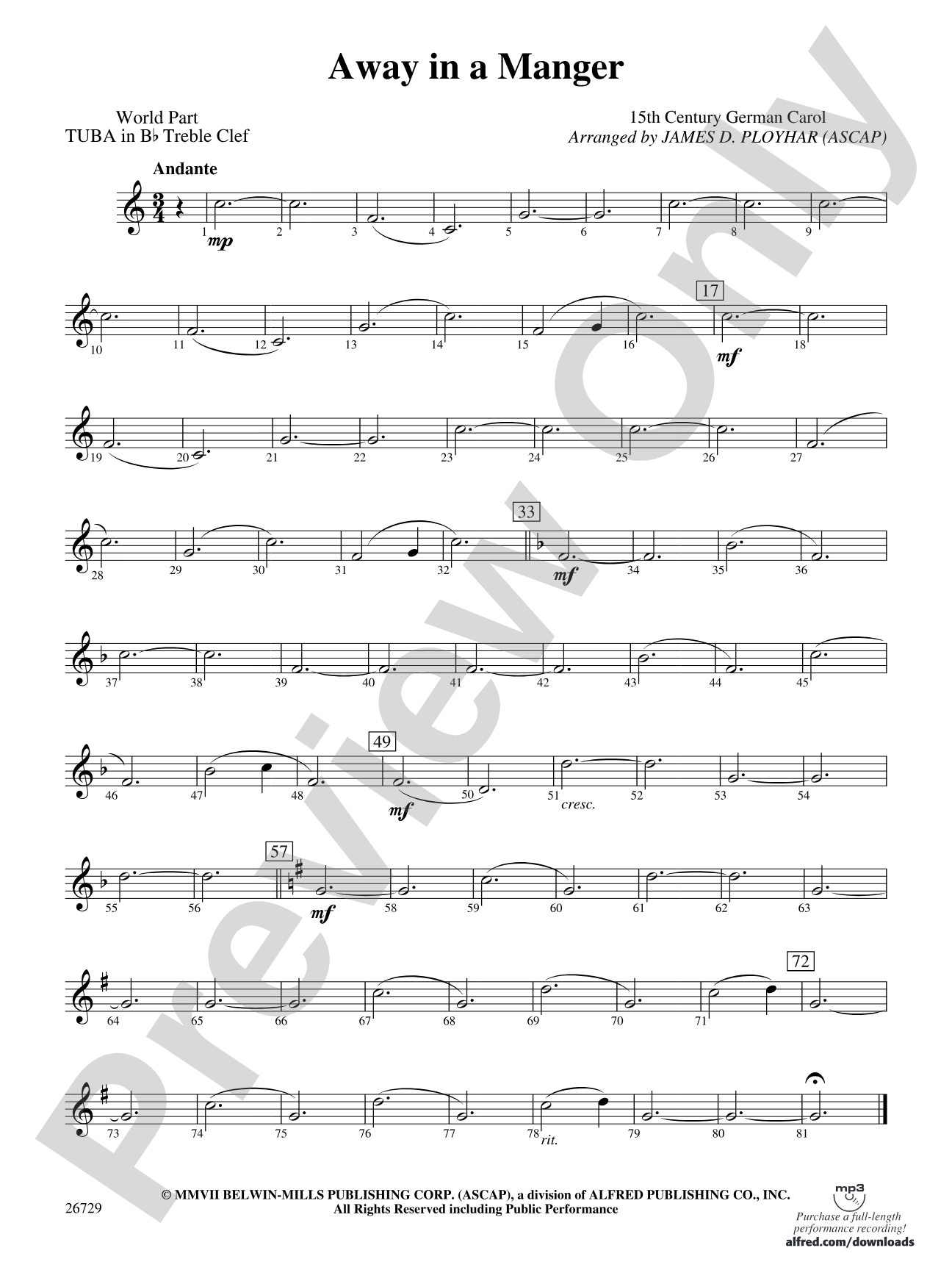 Away in a Manger: (wp) B-flat Tuba T.C.