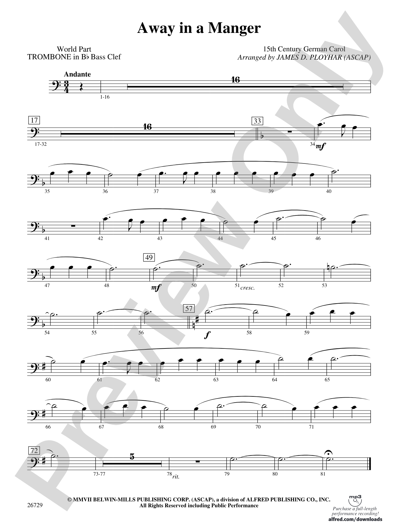 Away in a Manger: (wp) 1st B-flat Trombone B.C.