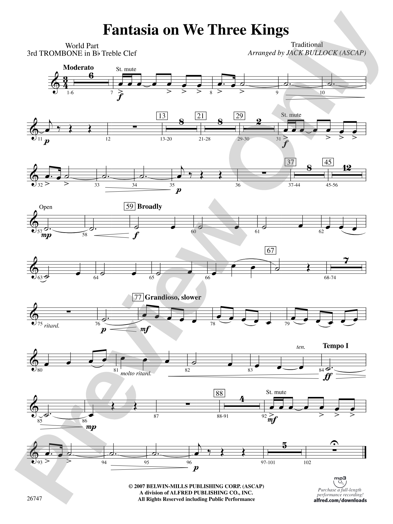 Fantasia on We Three Kings: (wp) 3rd B-flat Trombone T.C.