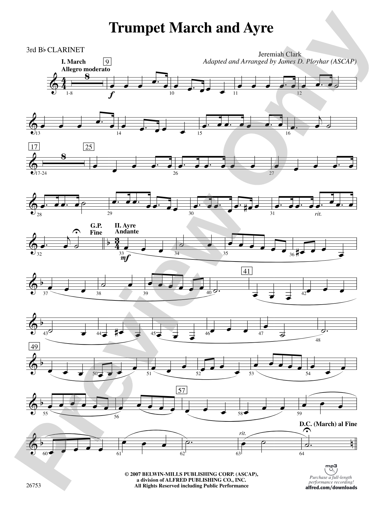 Trumpet March and Ayre: 3rd B-flat Clarinet