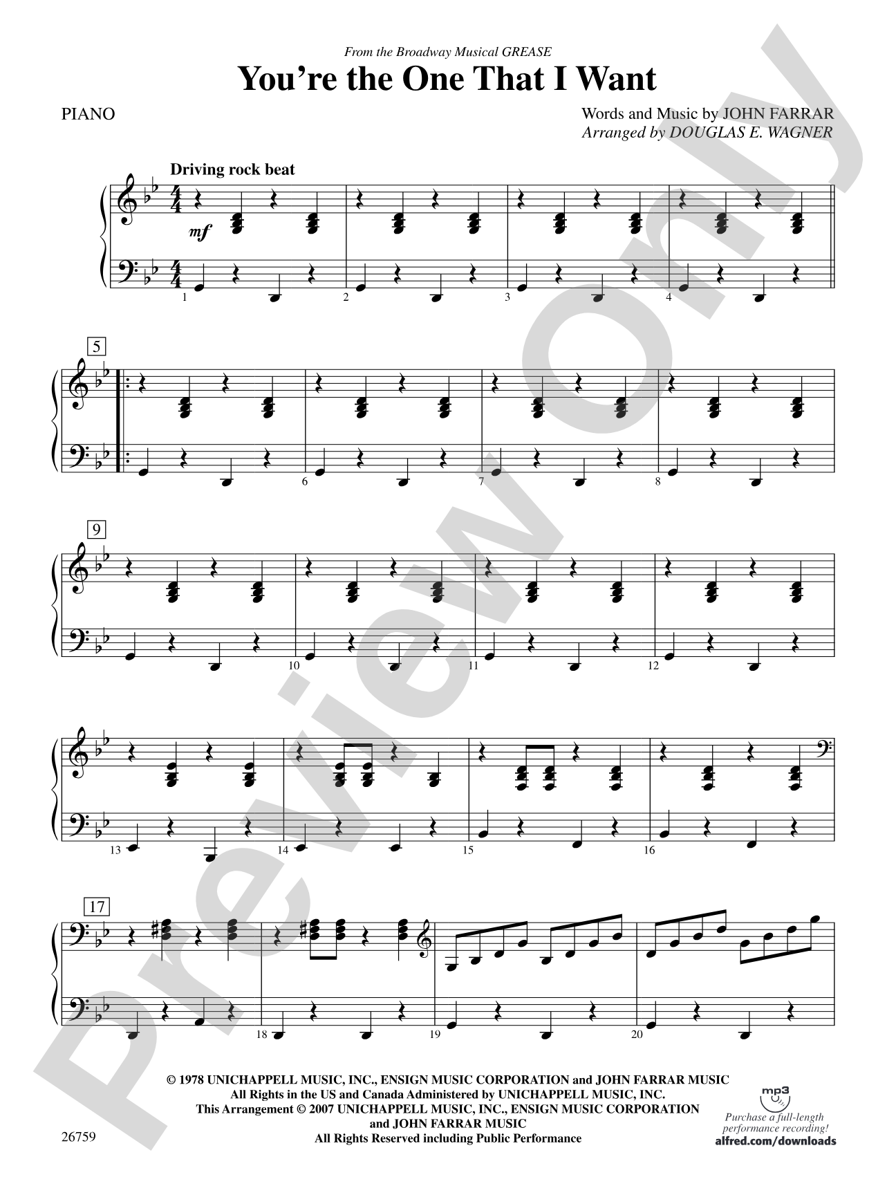 You're the One That I Want: Piano Accompaniment