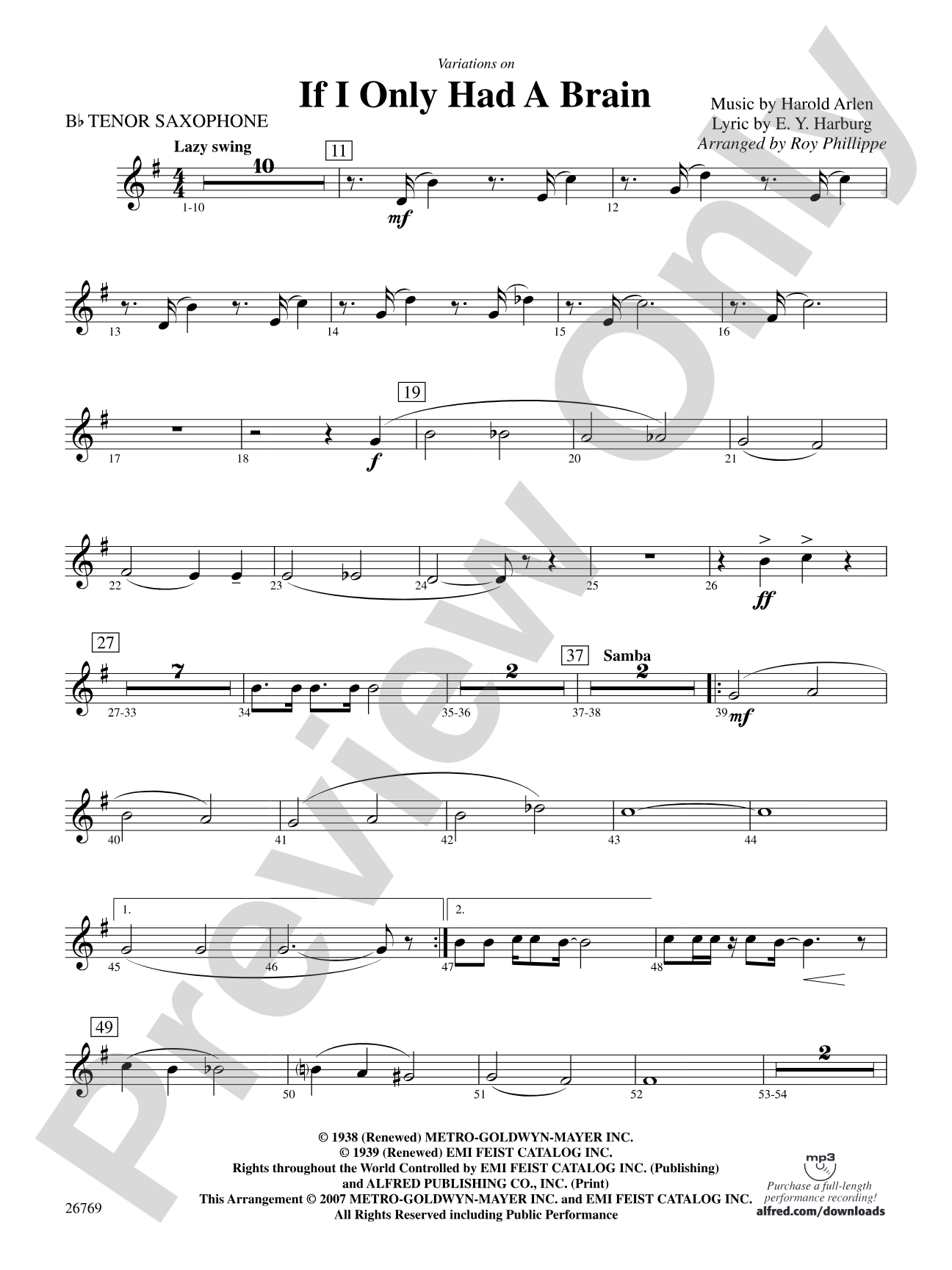 Variations on If I Only Had a Brain (from The Wizard of Oz): B-flat Tenor Saxophone