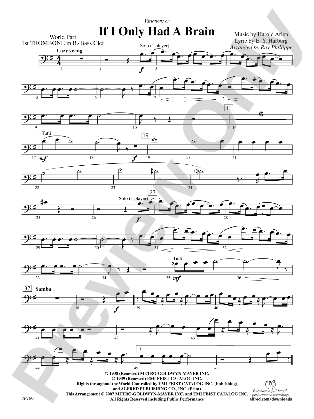 Variations on If I Only Had a Brain (from The Wizard of Oz): (wp) 1st B-flat Trombone B.C.