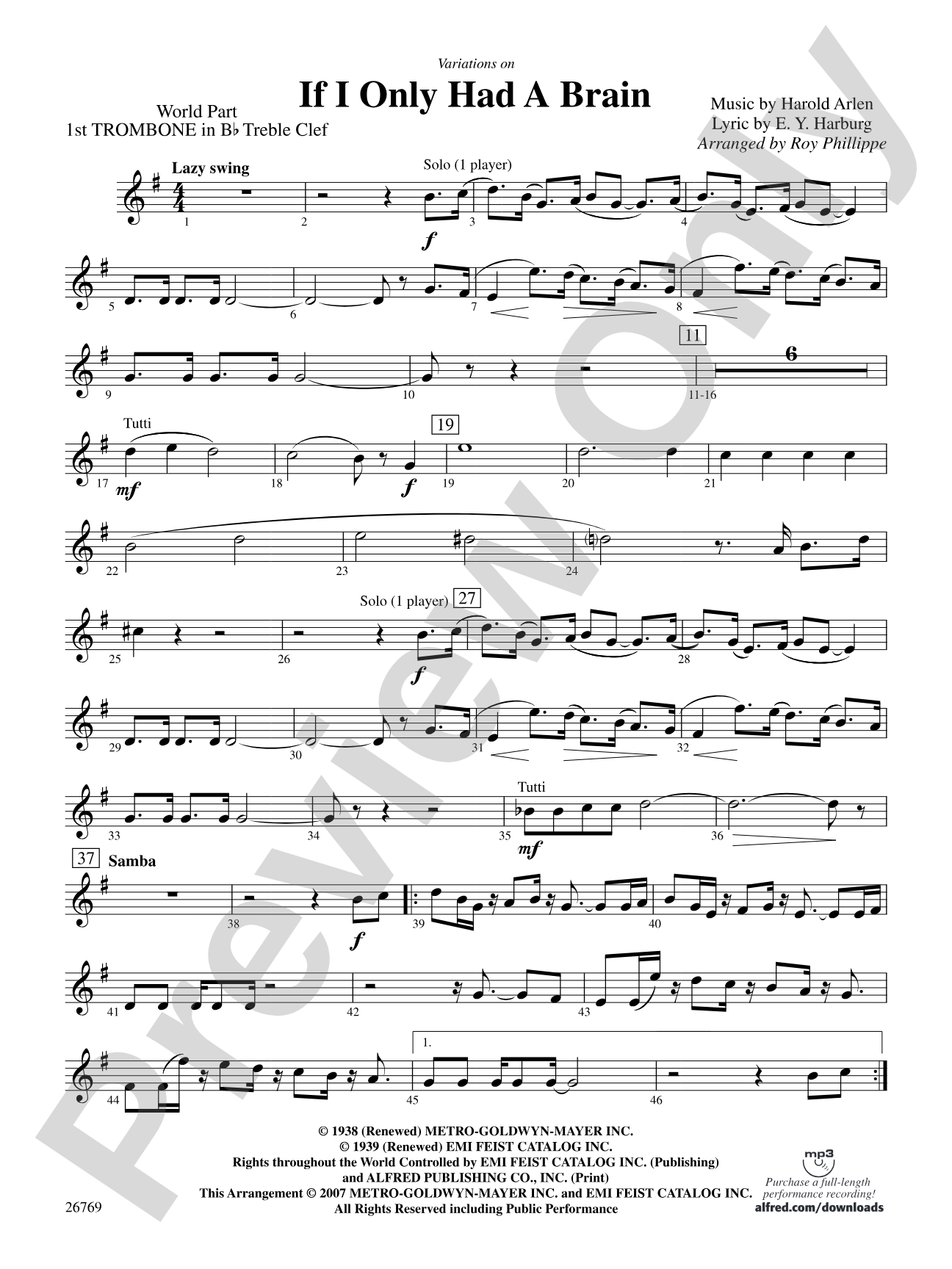 Variations on If I Only Had a Brain (from The Wizard of Oz): (wp) 1st B-flat Trombone T.C.