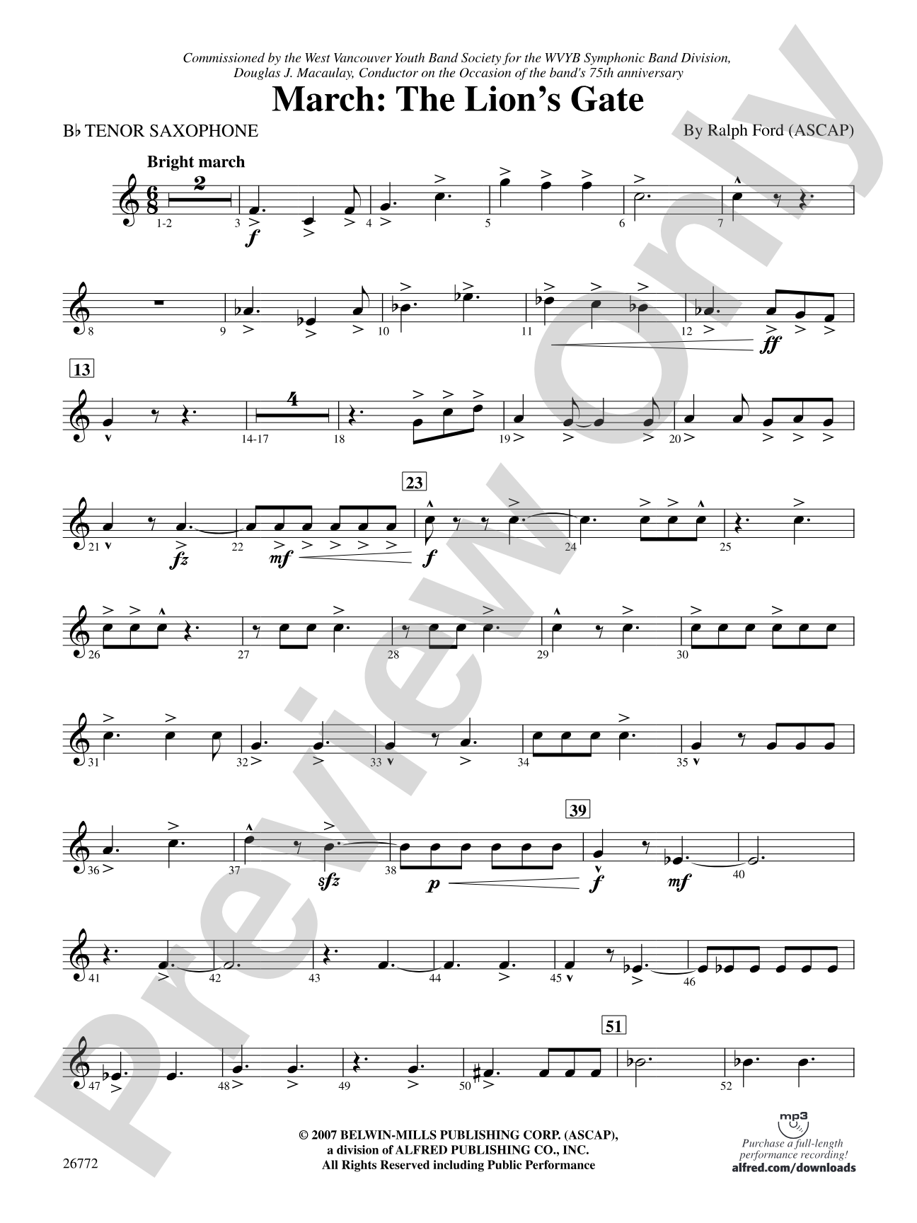 March: The Lion's Gate (Movement 1 from Sea to Sky): B-flat Tenor Saxophone