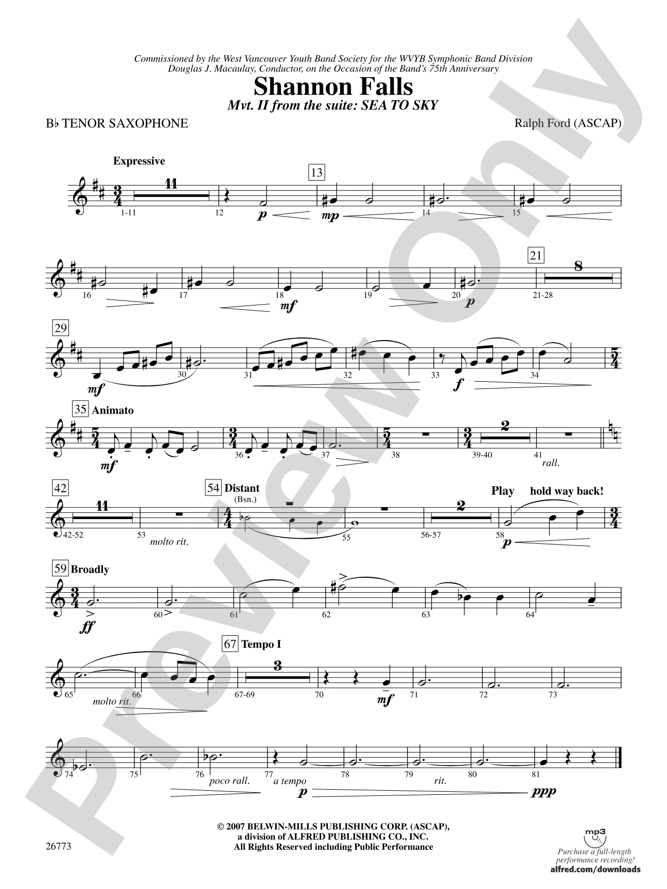 Shannon Falls (Movement 2 from Sea to Sky): B-flat Tenor Saxophone