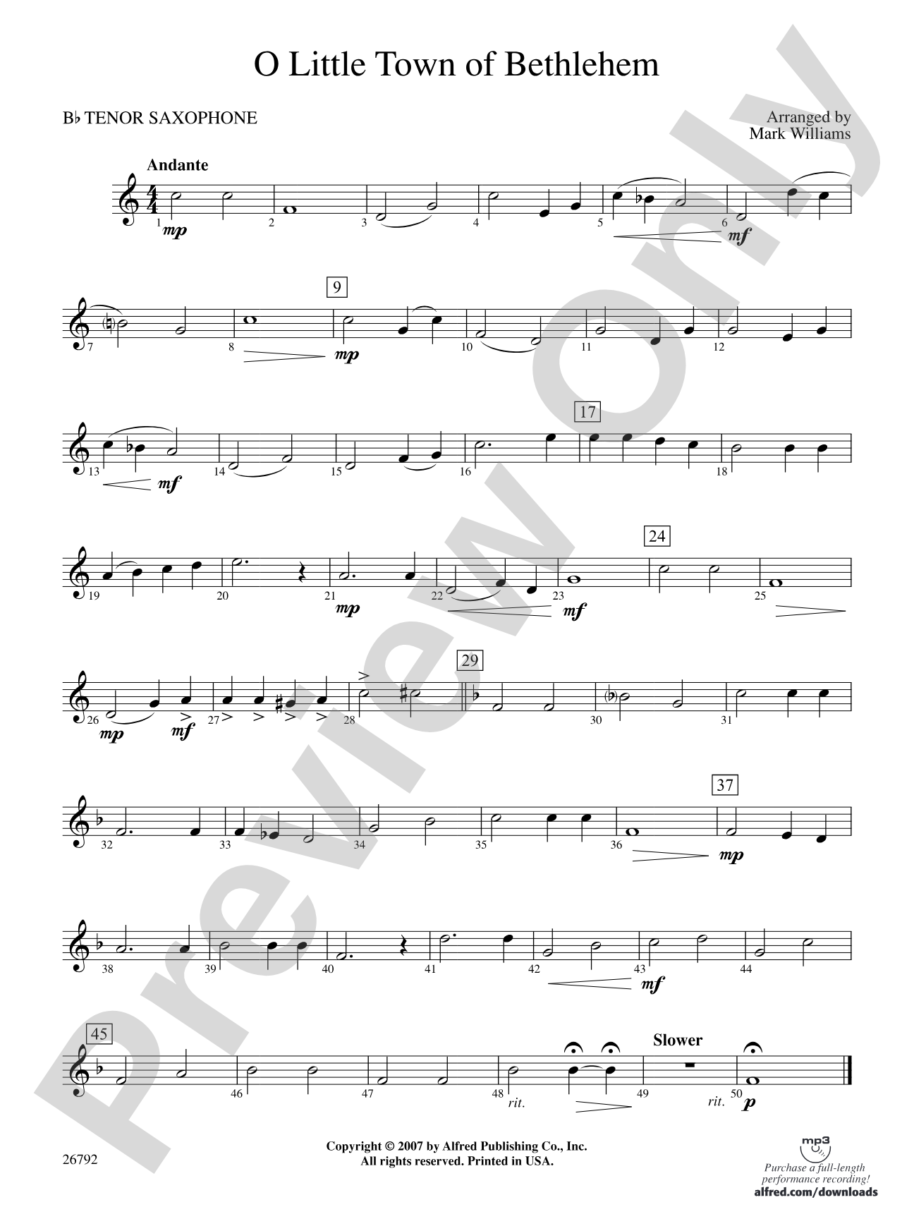 O Little Town of Bethlehem: B-flat Tenor Saxophone