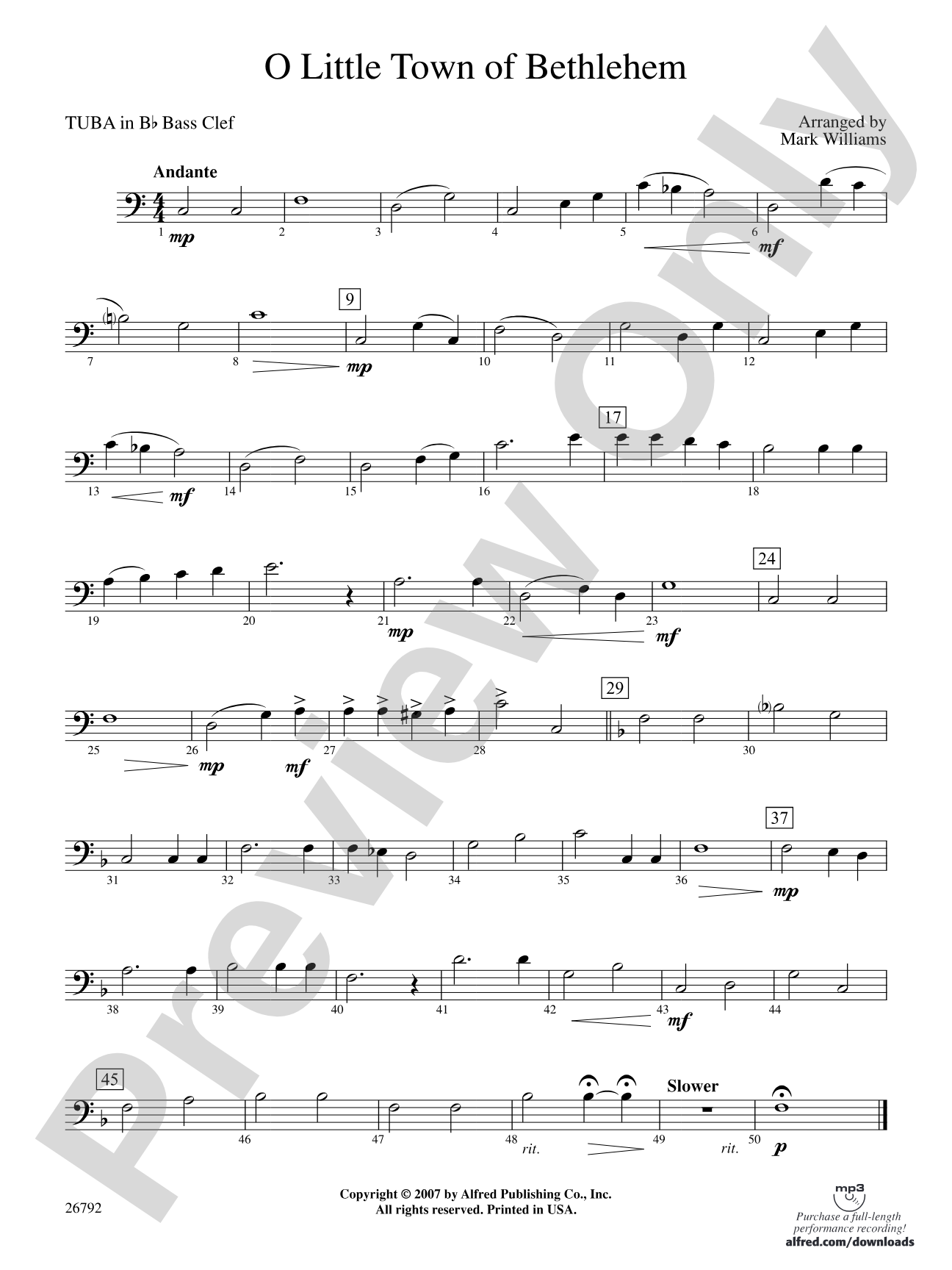 O Little Town of Bethlehem: (wp) B-flat Tuba B.C.