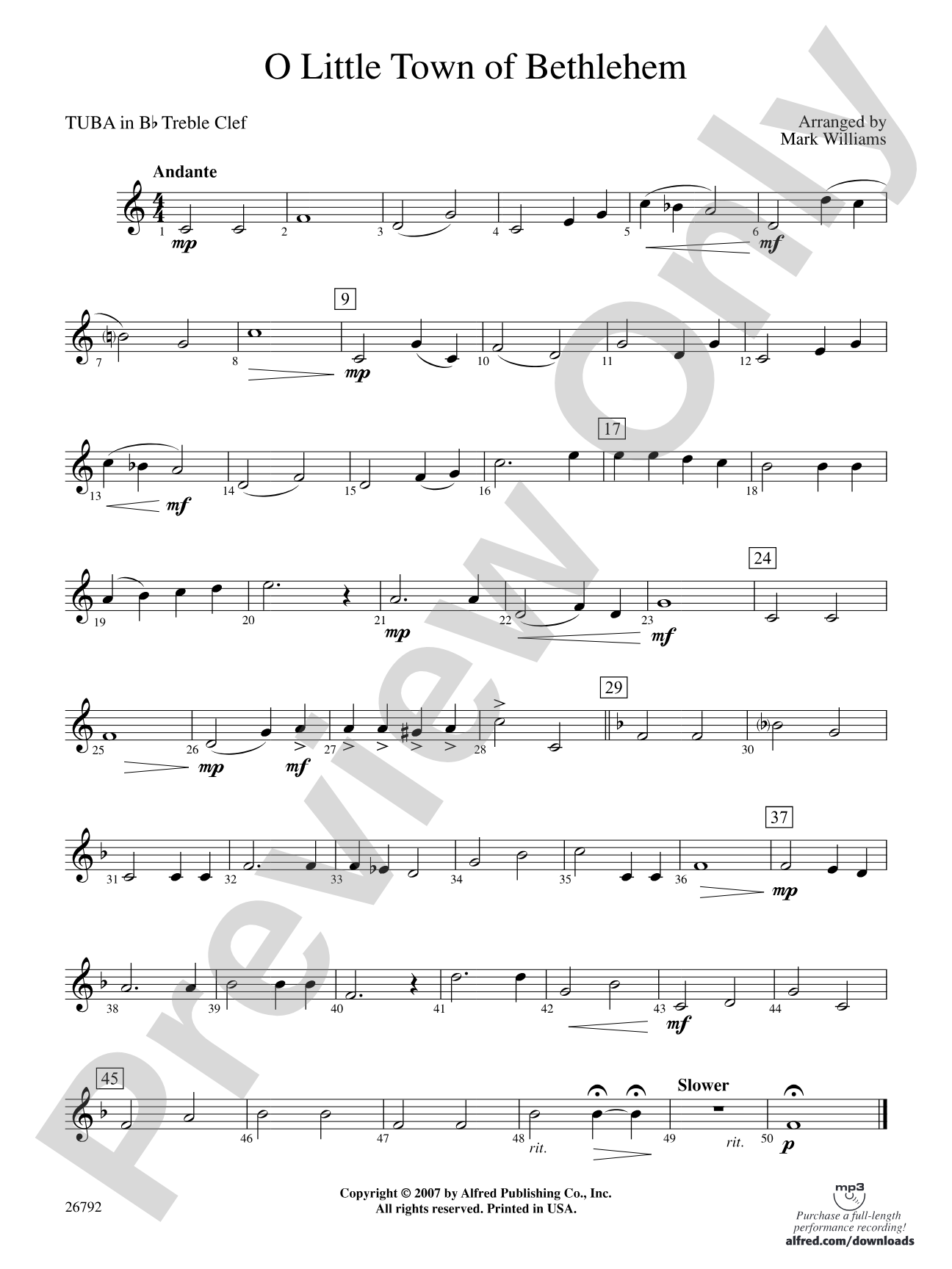 O Little Town of Bethlehem: (wp) B-flat Tuba T.C.