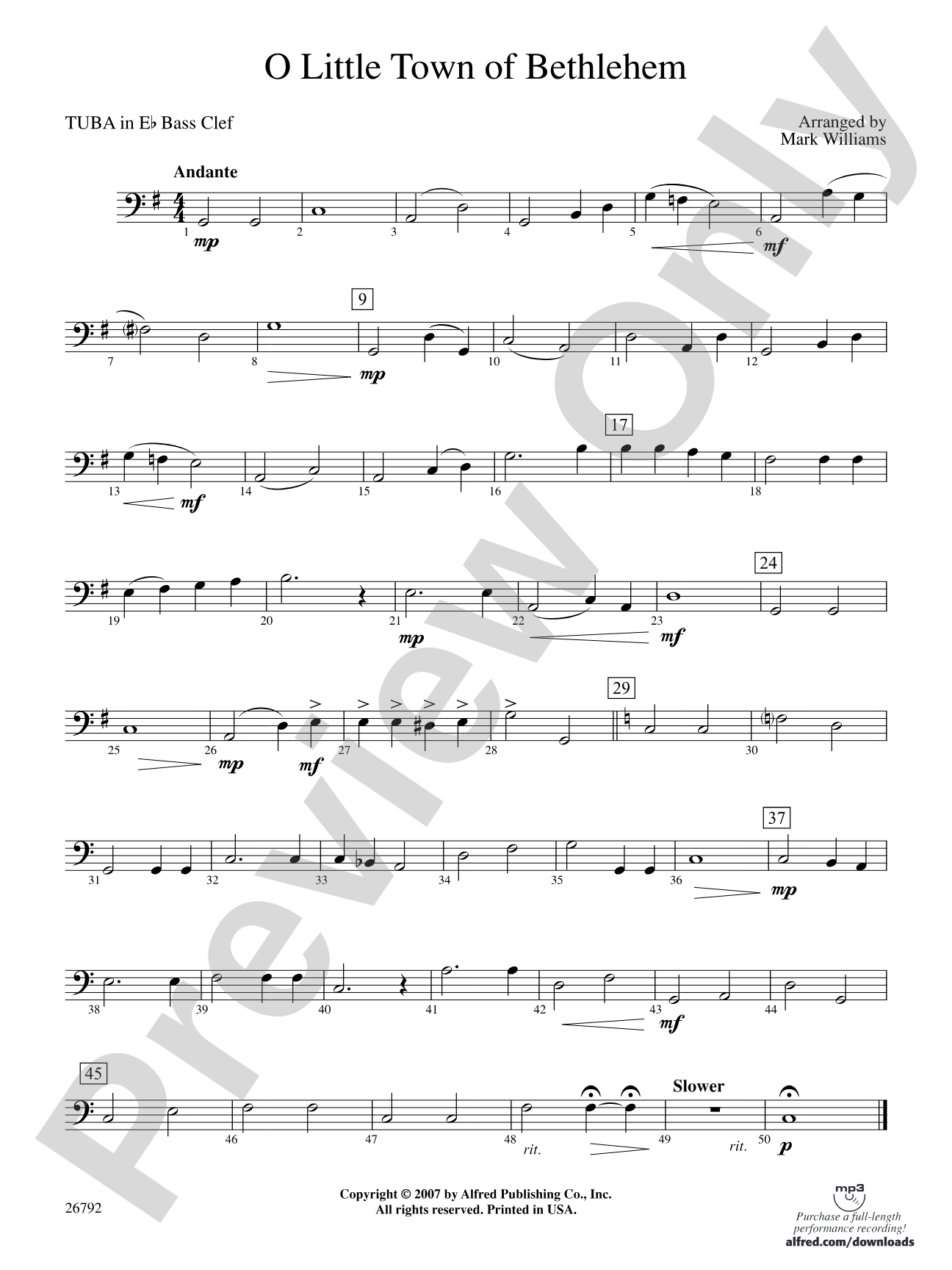 O Little Town of Bethlehem: (wp) E-flat Tuba B.C.