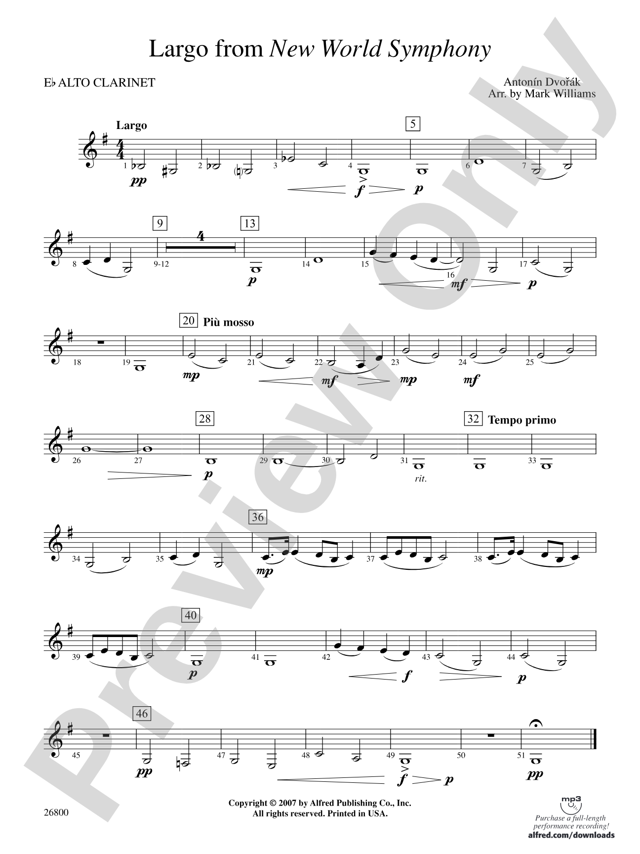Largo from New World Symphony: E-flat Alto Clarinet