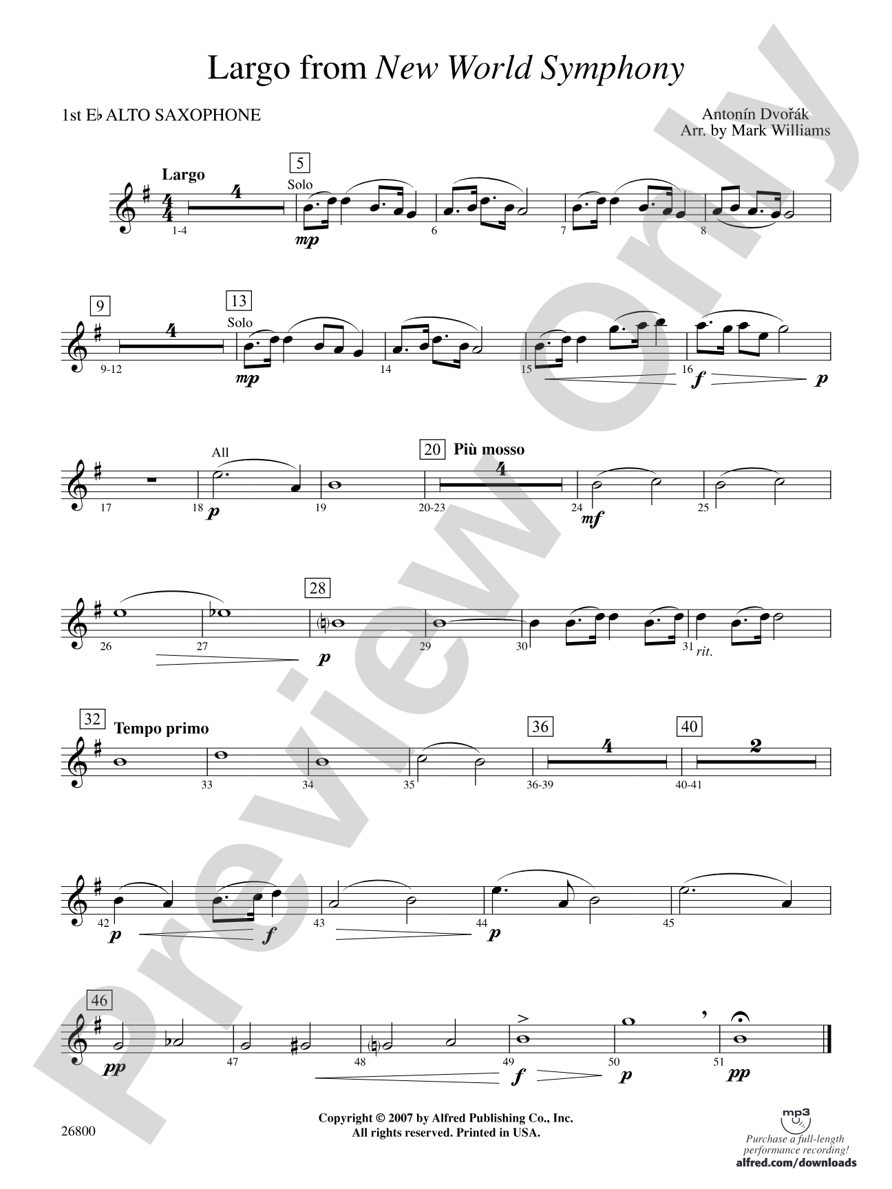 Largo from New World Symphony: E-flat Alto Saxophone