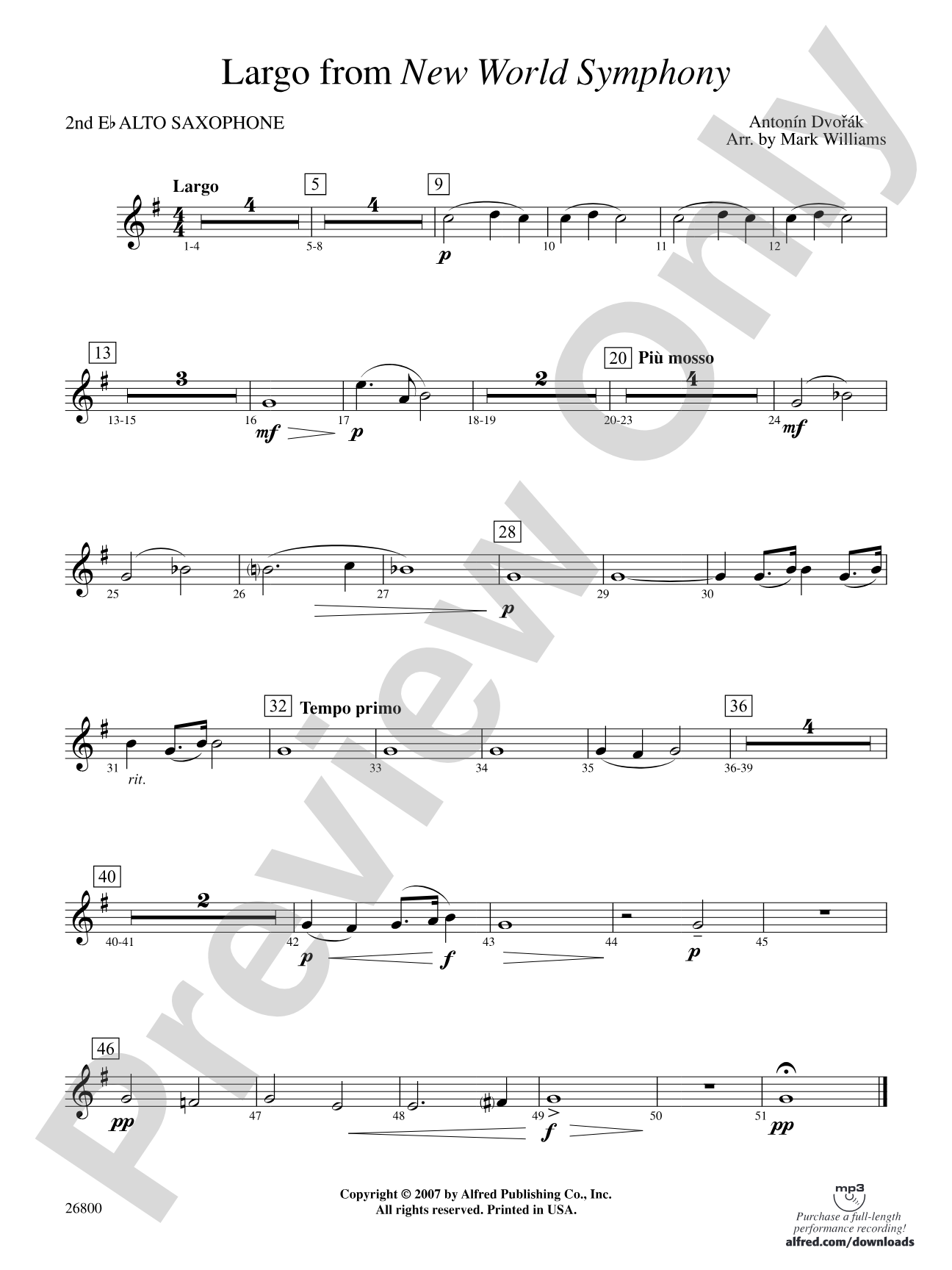 Largo from New World Symphony: 2nd E-flat Alto Saxophone