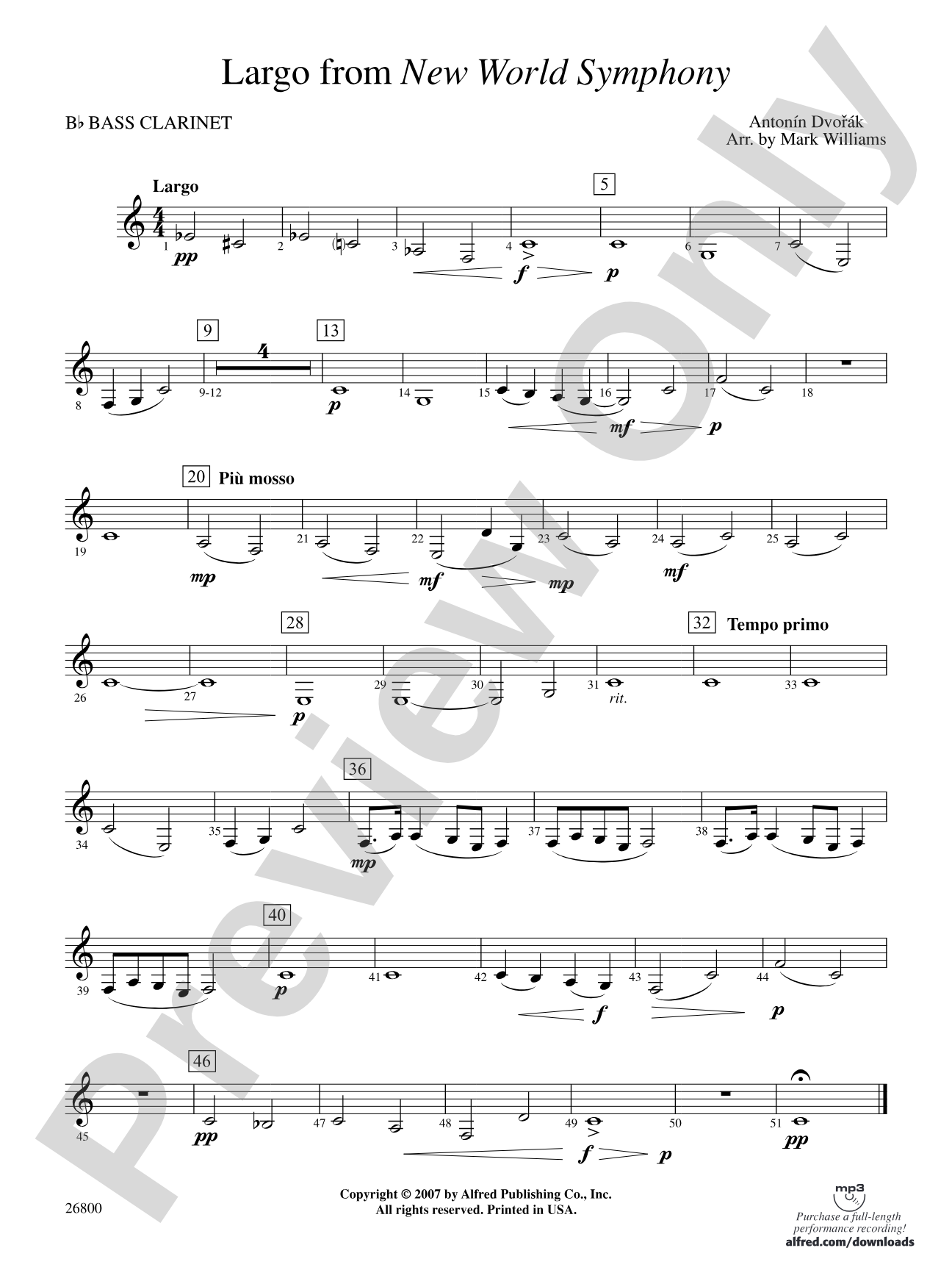 Largo from New World Symphony: B-flat Bass Clarinet