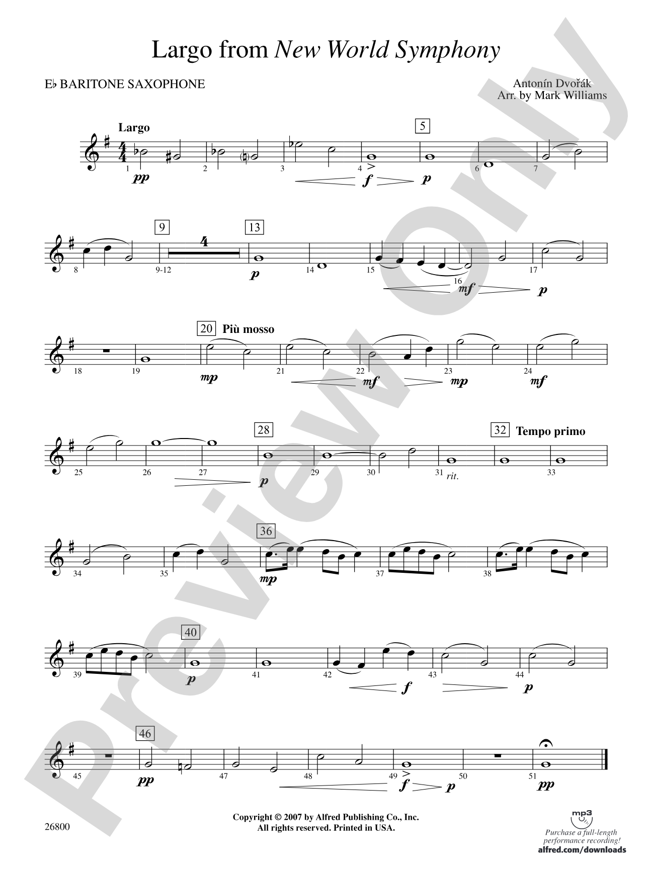 Largo from New World Symphony: E-flat Baritone Saxophone