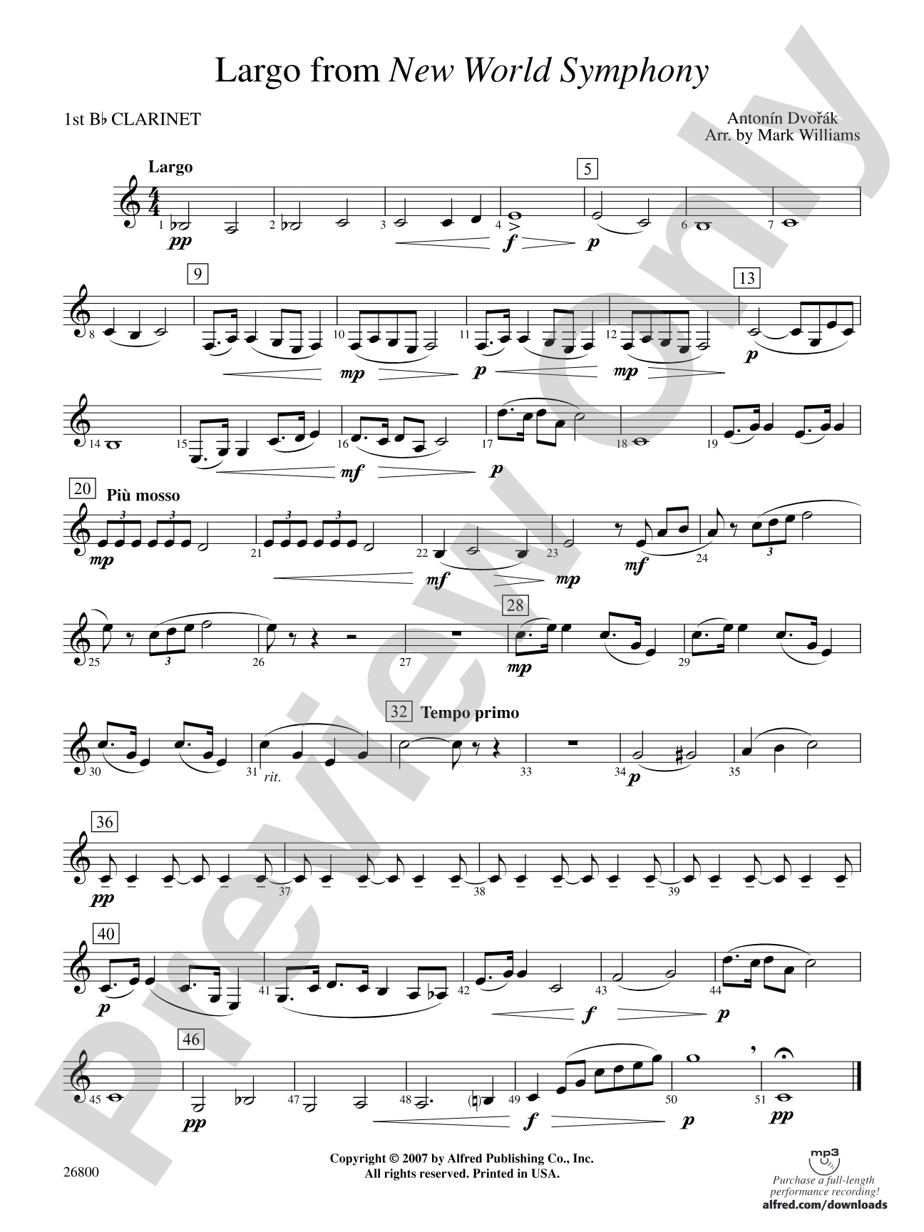 Largo from New World Symphony: 1st B-flat Clarinet