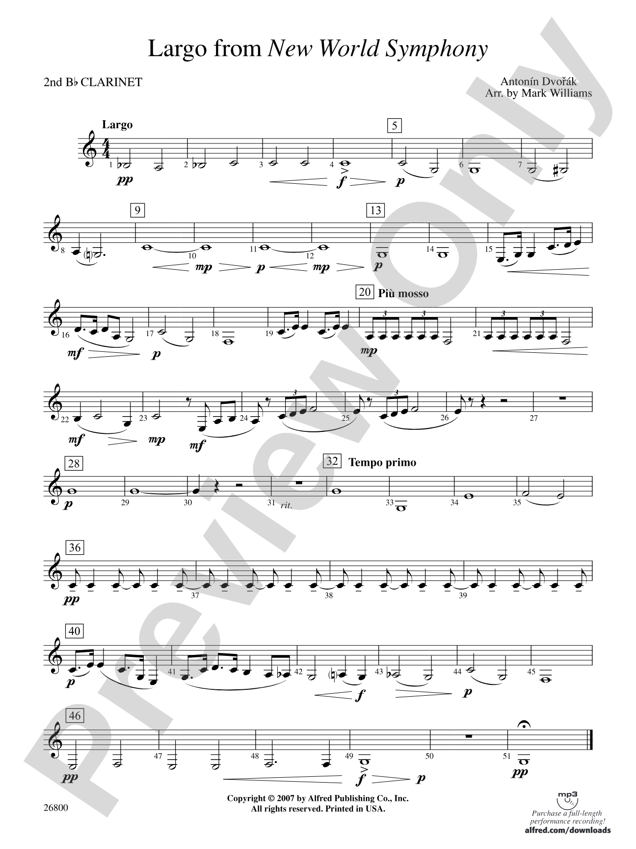 Largo from New World Symphony: 2nd B-flat Clarinet