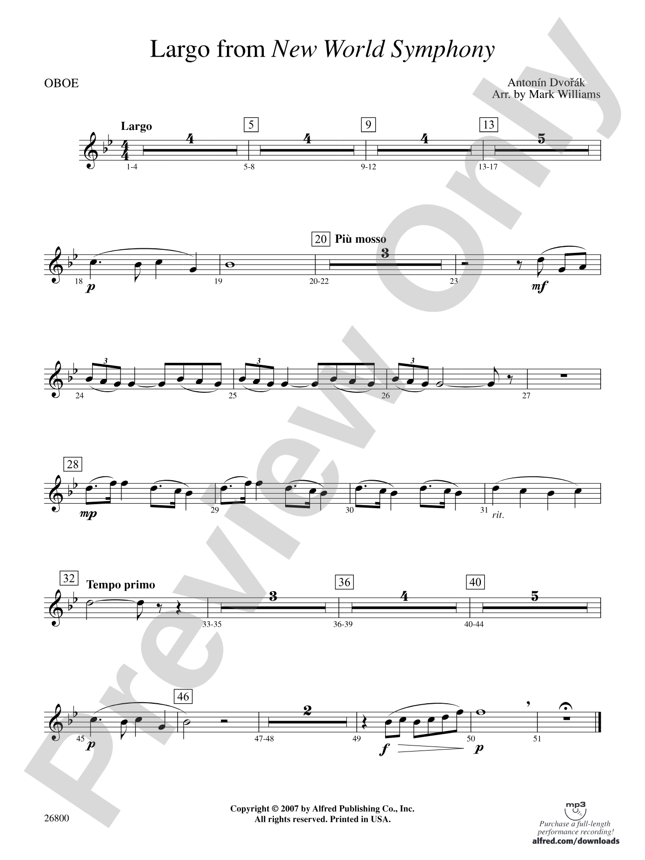 Largo from New World Symphony: Oboe