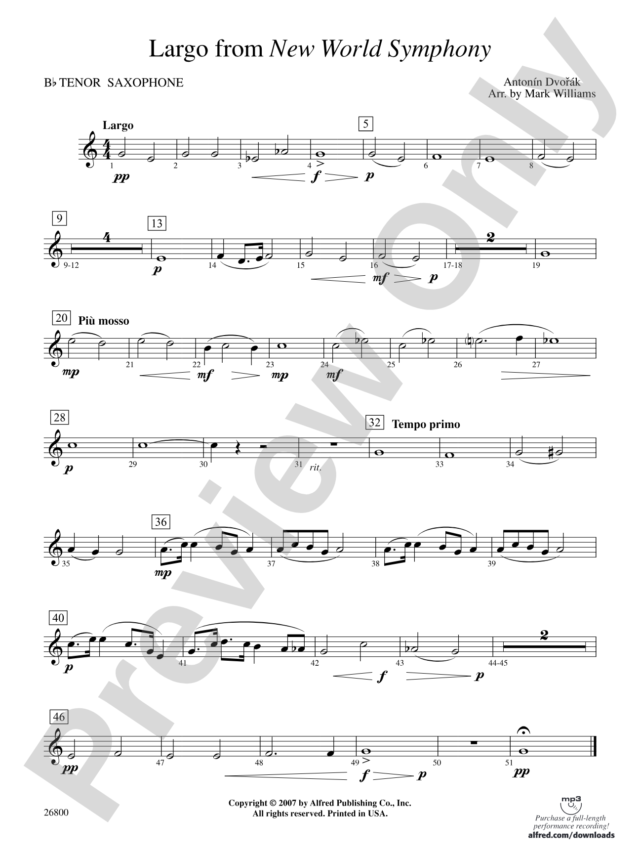 Largo from New World Symphony: B-flat Tenor Saxophone