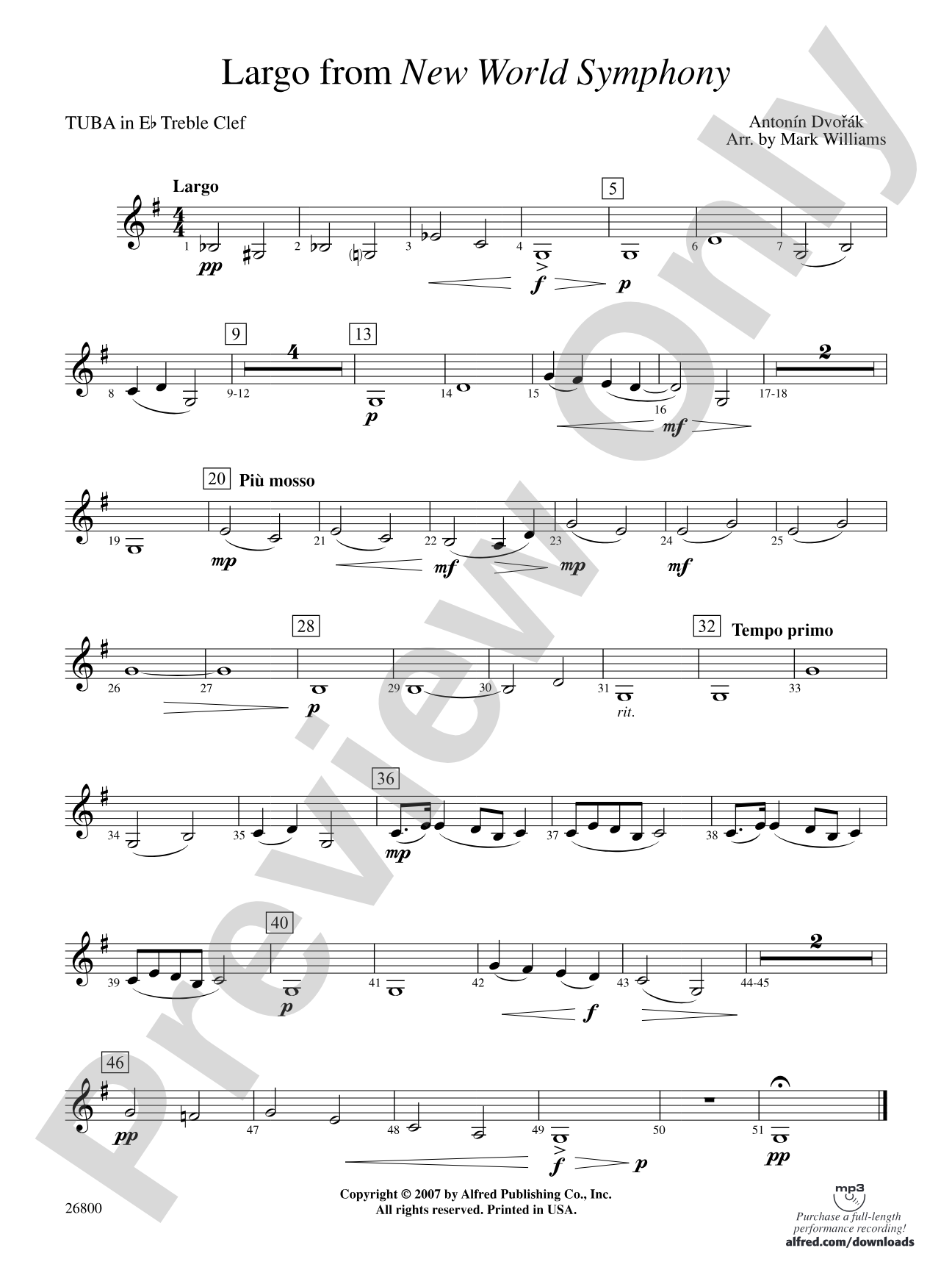 Largo from New World Symphony: (wp) E-flat Tuba T.C.