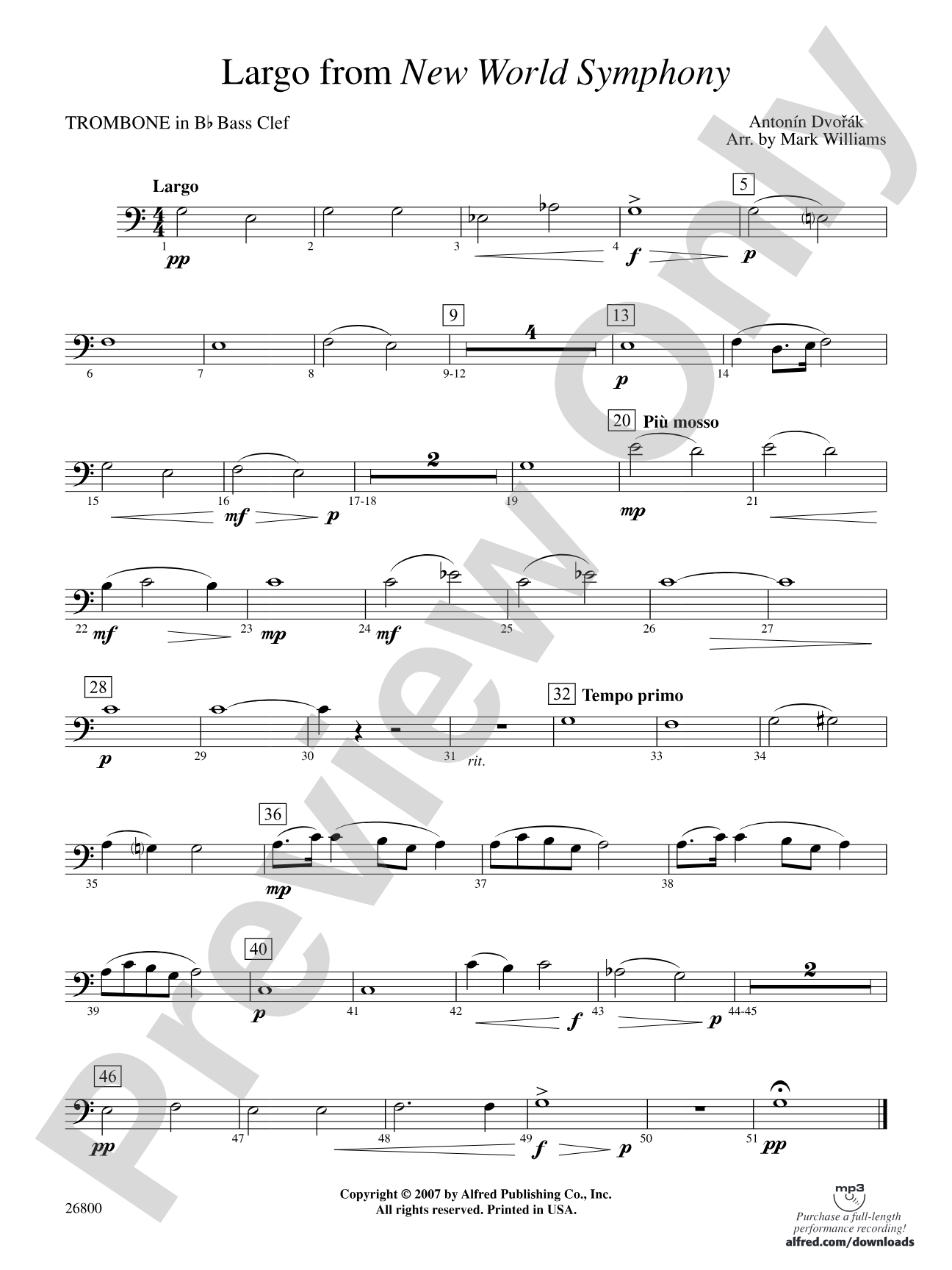 Largo from New World Symphony: (wp) 1st B-flat Trombone B.C.