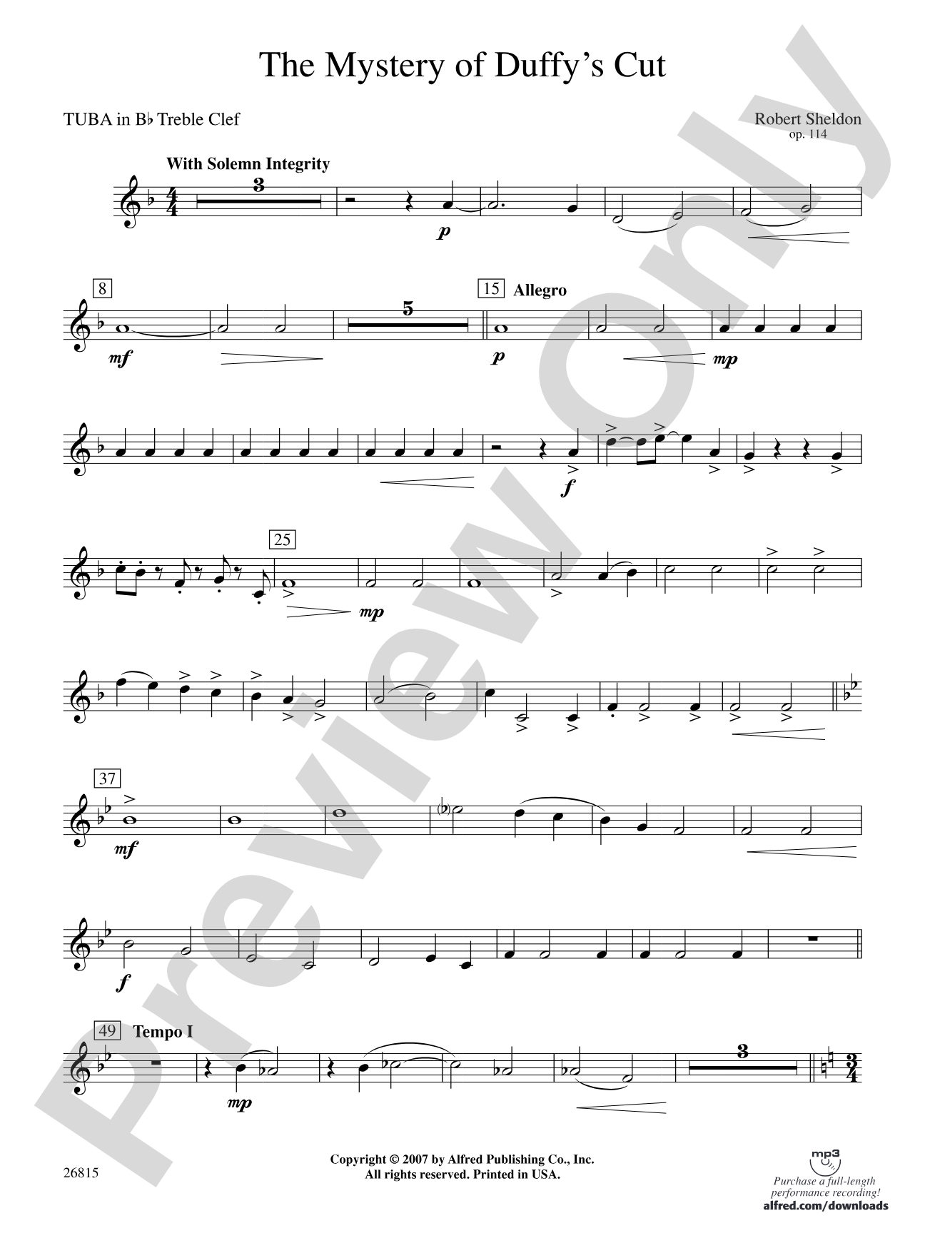 The Mystery of Duffy's Cut: (wp) B-flat Tuba T.C.