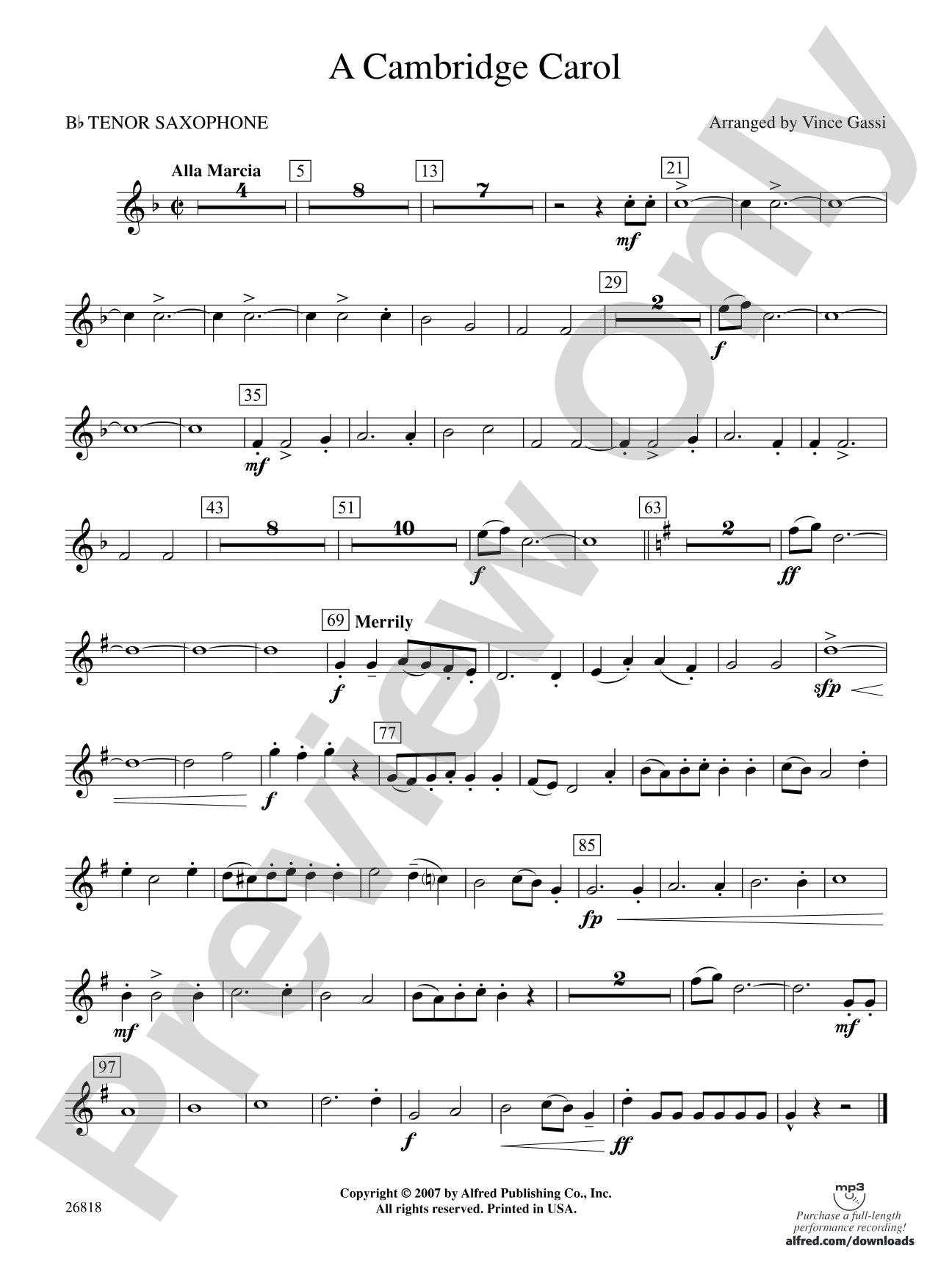 A Cambridge Carol: B-flat Tenor Saxophone