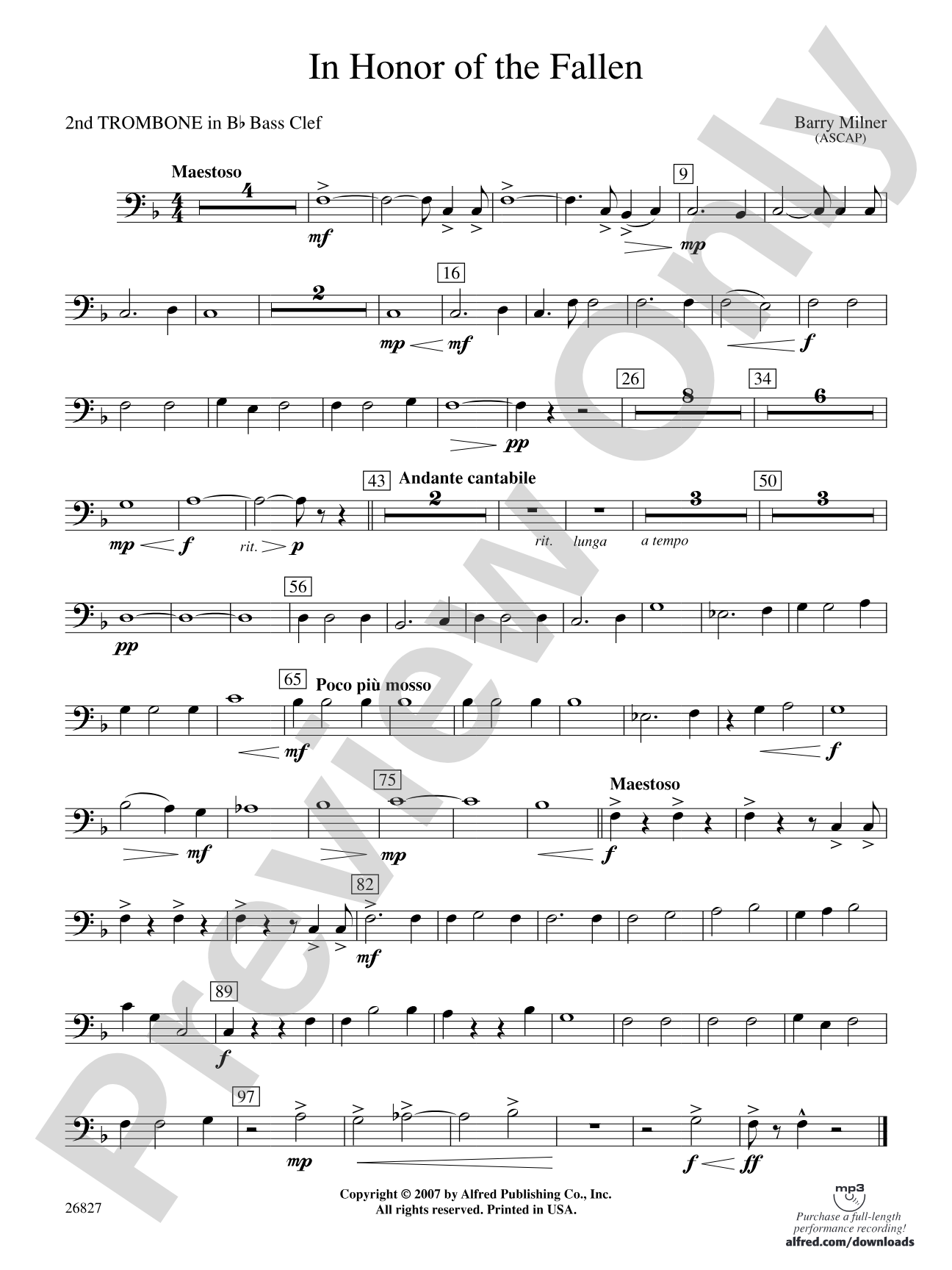In Honor of the Fallen: (wp) 2nd B-flat Trombone B.C.