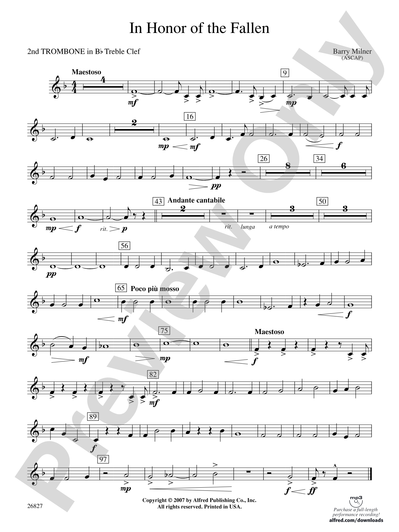 In Honor of the Fallen: (wp) 2nd B-flat Trombone T.C.