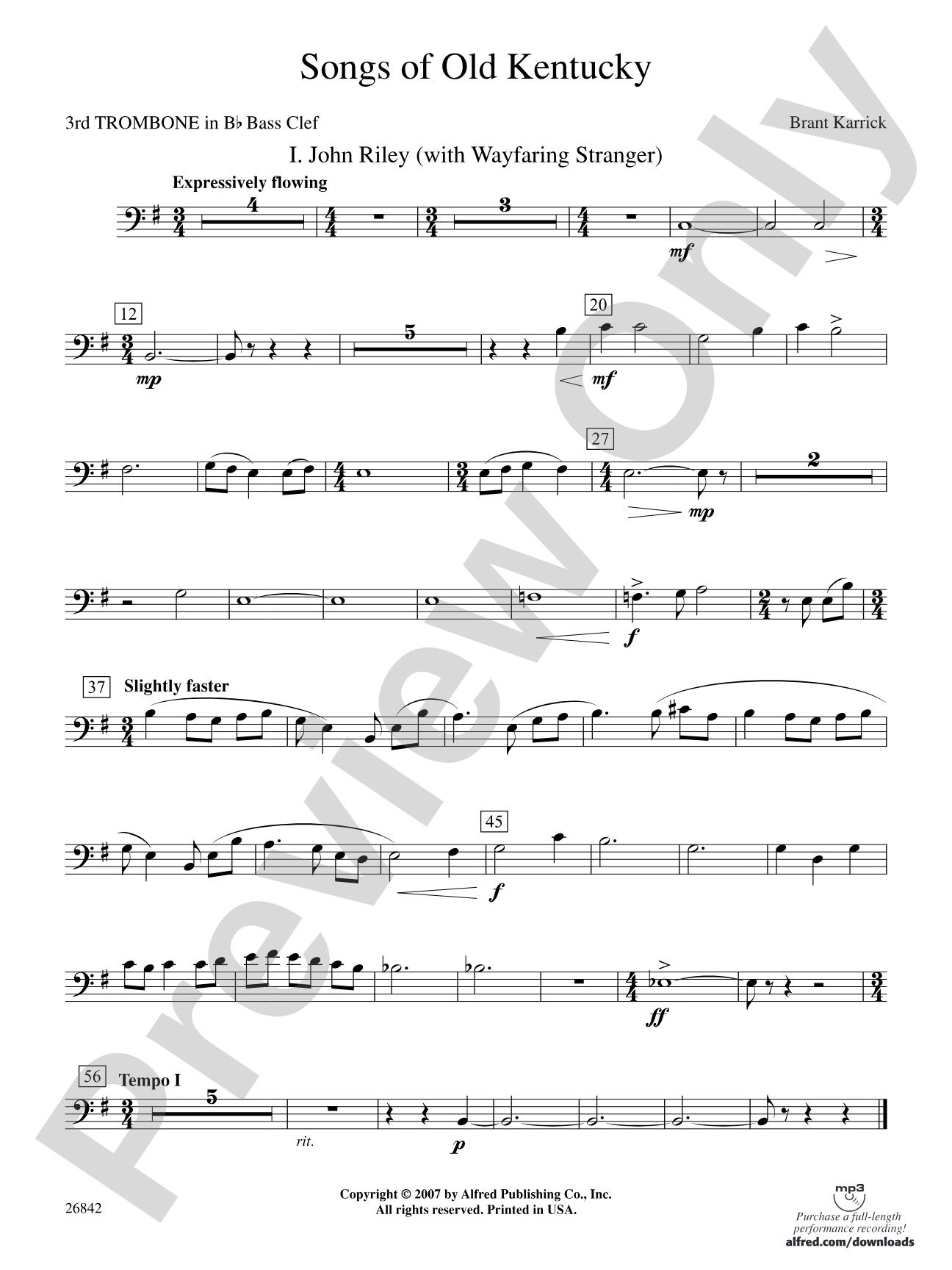 Songs of Old Kentucky: (wp) 3rd B-flat Trombone B.C.
