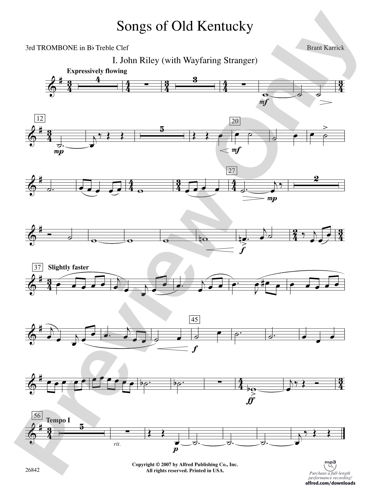 Songs of Old Kentucky: (wp) 3rd B-flat Trombone T.C.