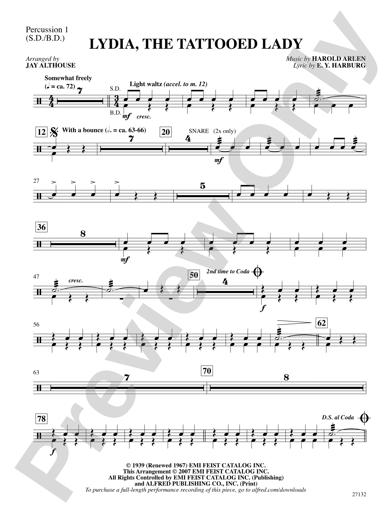 Lydia The Tattooed Lady 1st Percussion Downloadable Printable 