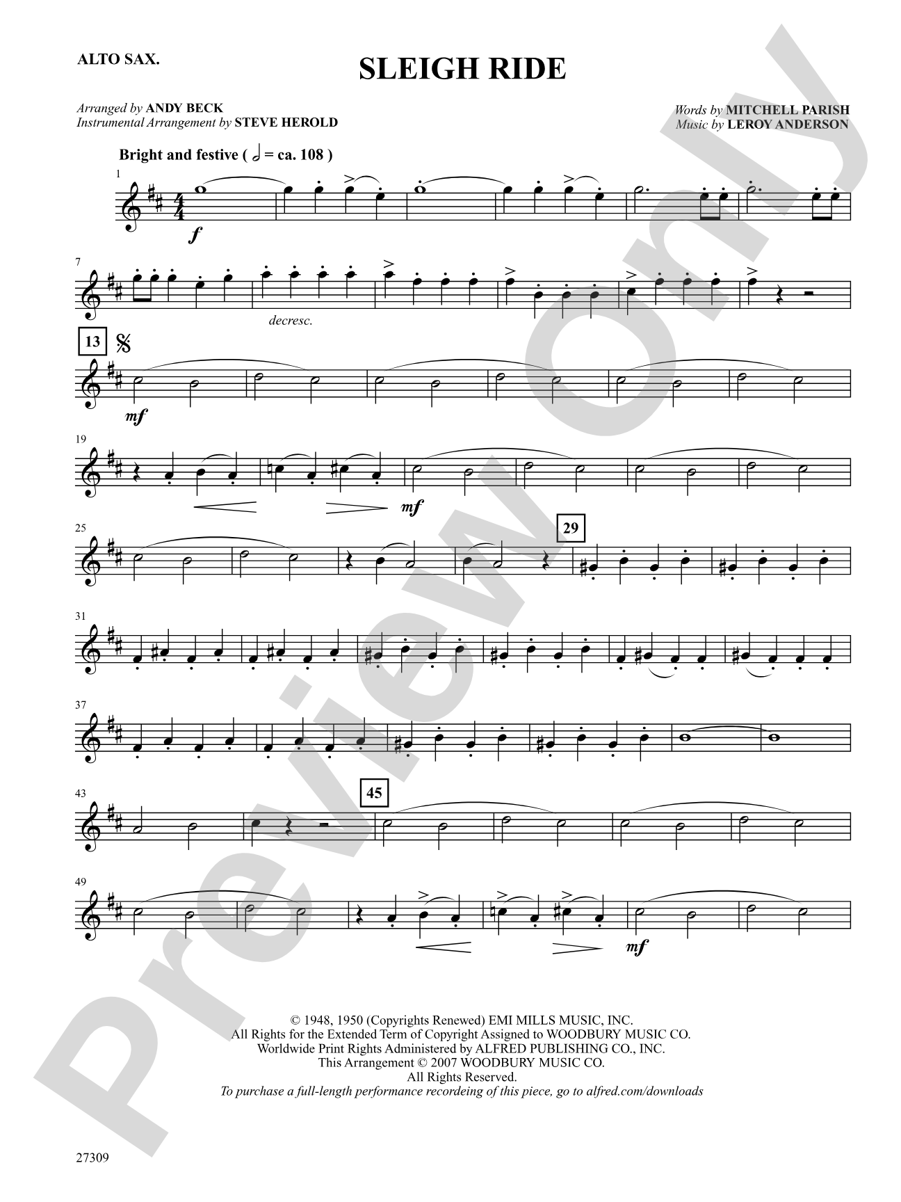 Sleigh Ride: E-flat Alto Saxophone: Choral SoundPax