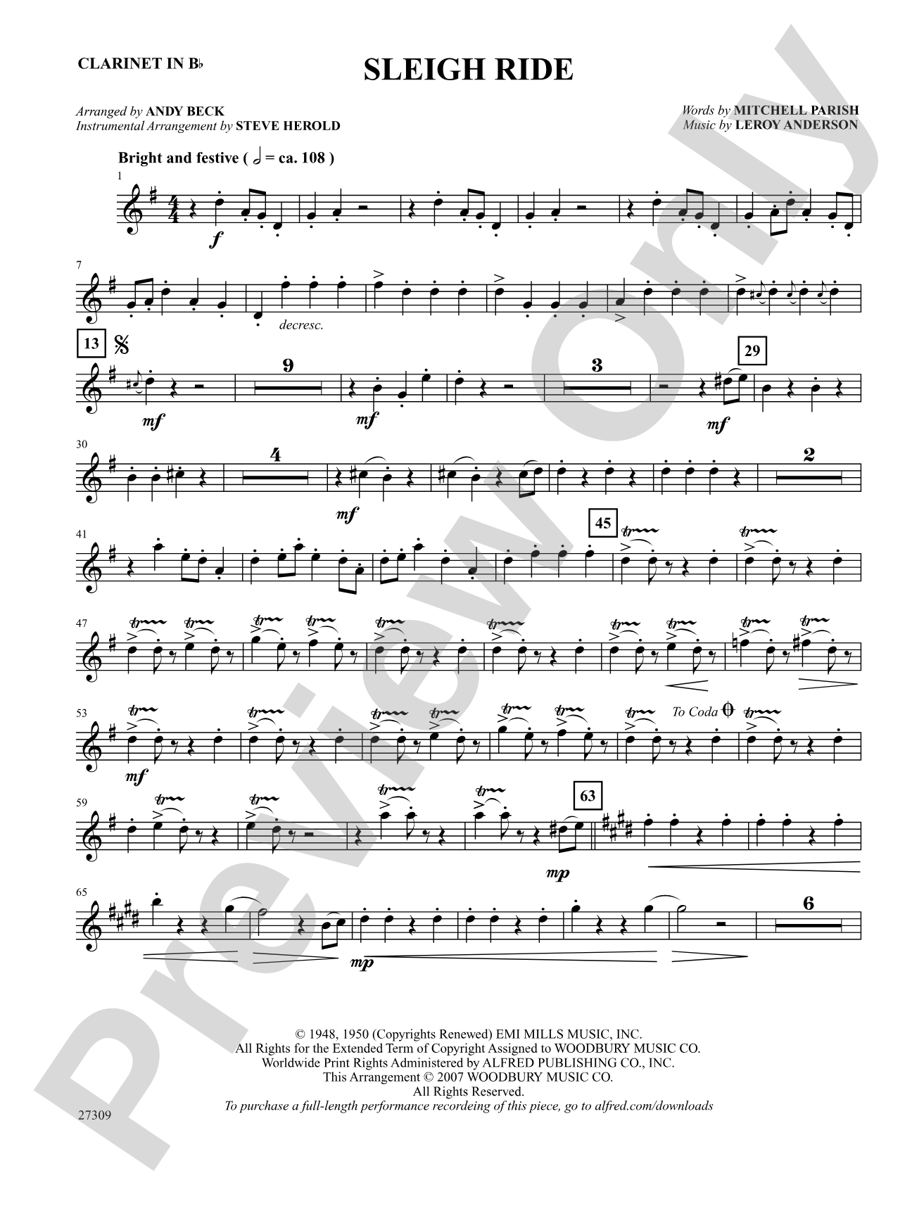 Sleigh Ride: 1st B-flat Clarinet: Choral SoundPax