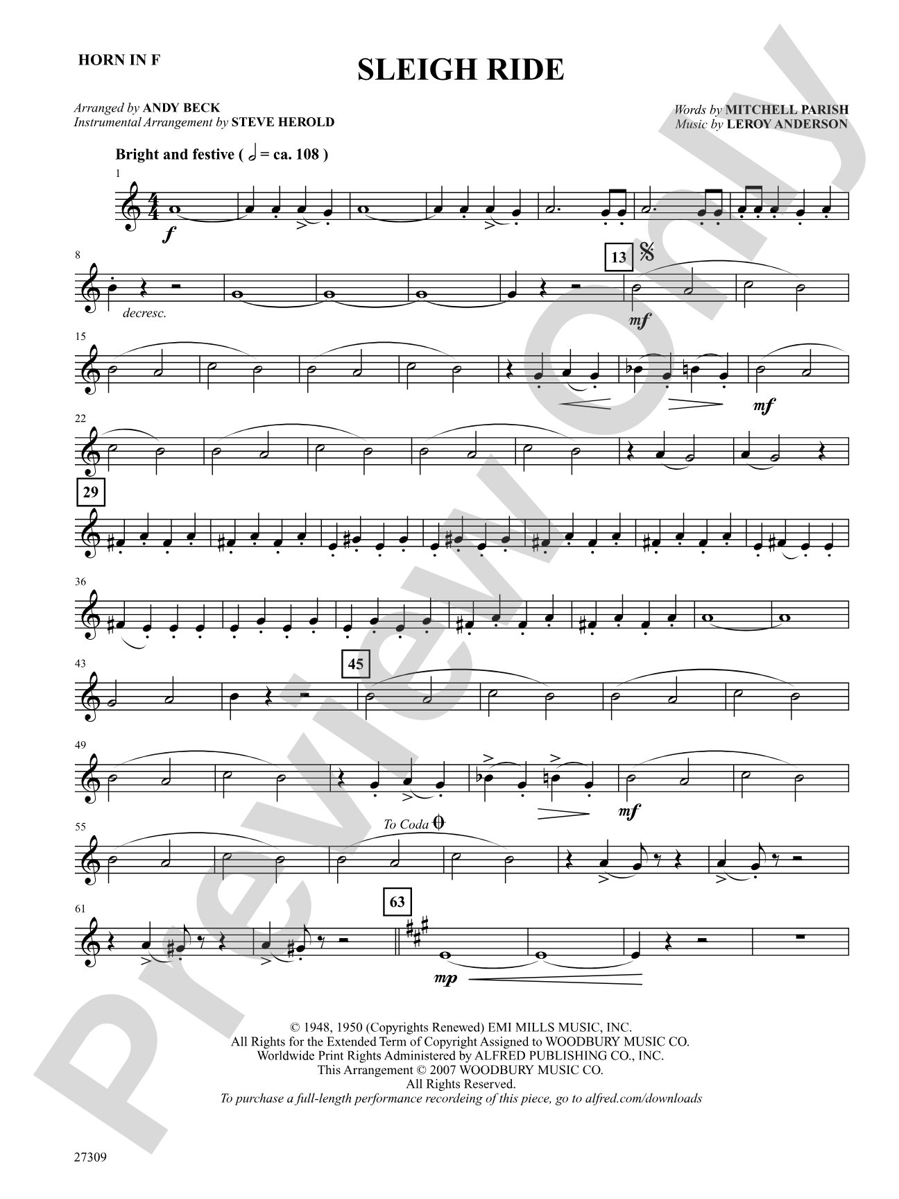 Sleigh Ride: 1st F Horn: Choral SoundPax