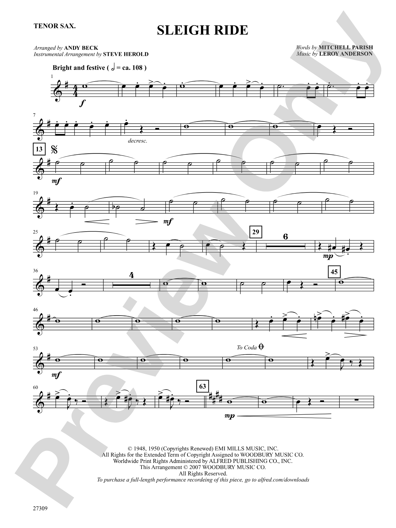 Sleigh Ride: B-flat Tenor Saxophone: Choral SoundPax