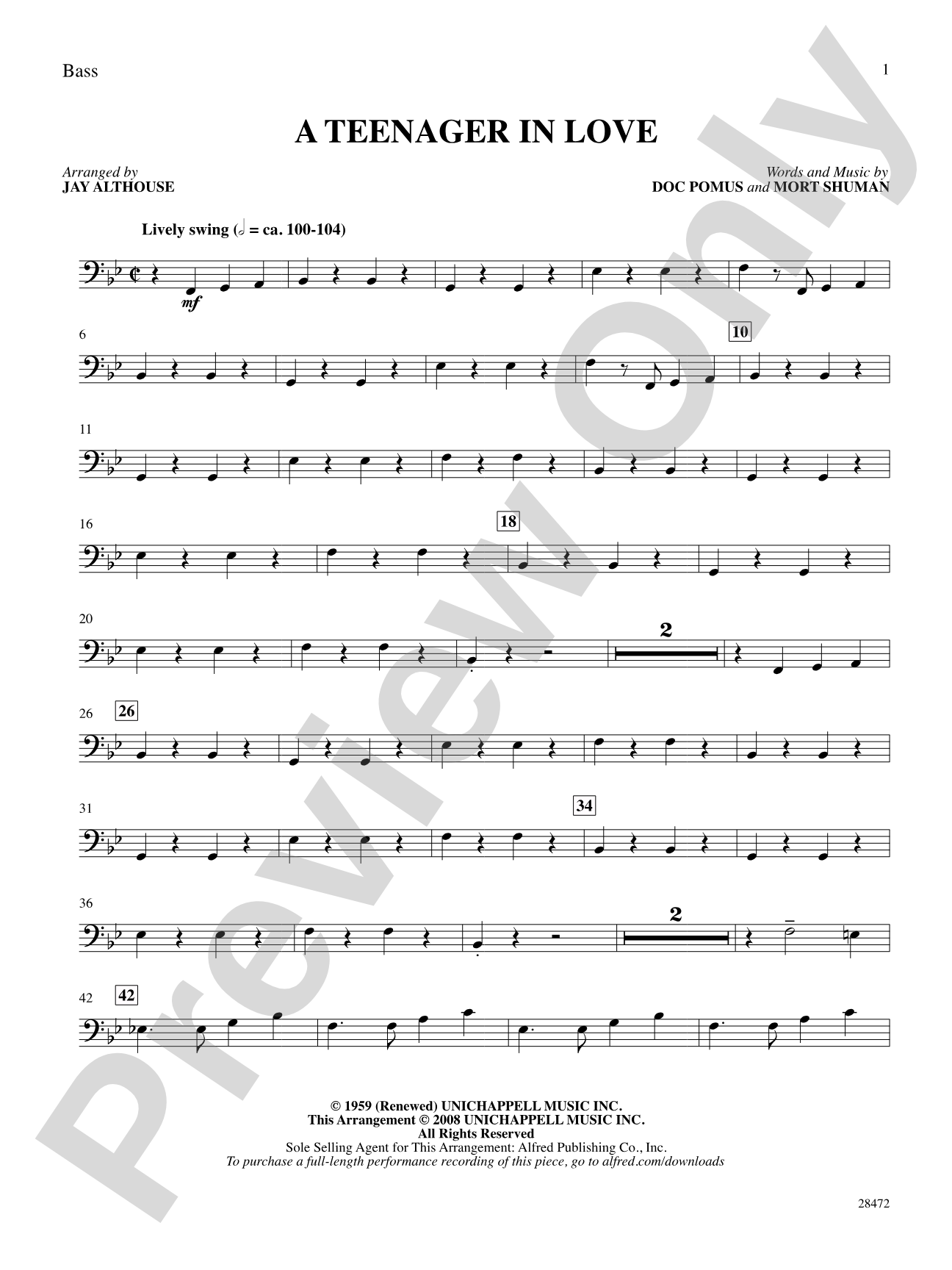 A Teenager in Love: String Bass: Choral SoundPax
