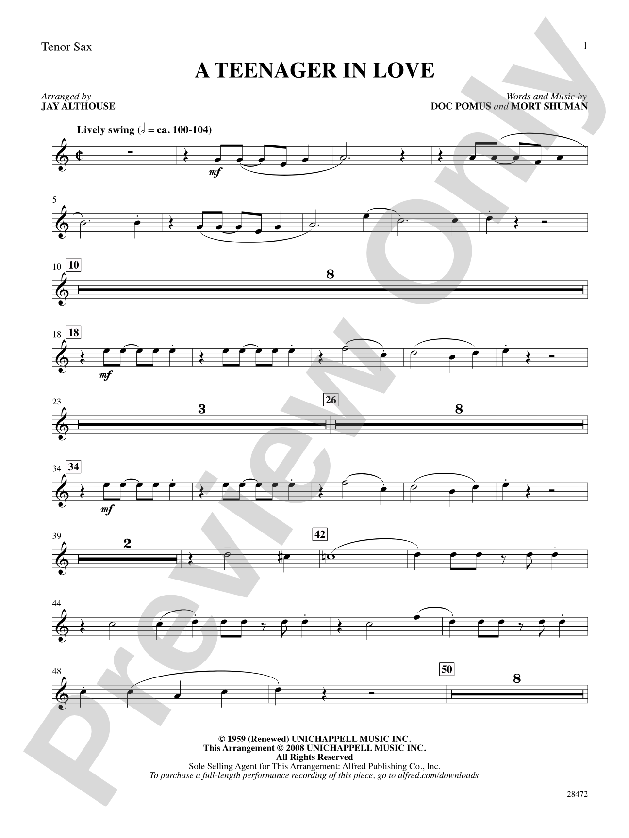 A Teenager in Love: B-flat Tenor Saxophone: Choral SoundPax